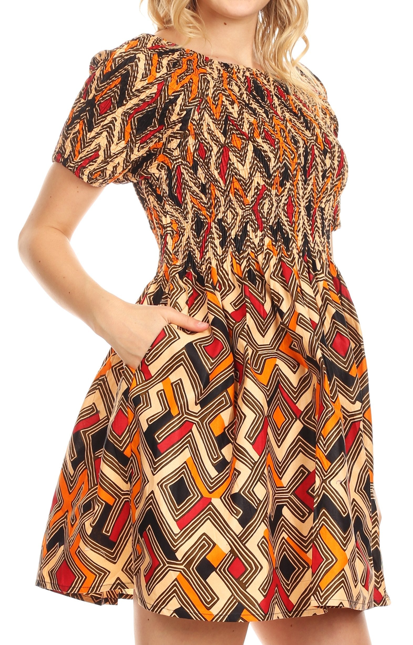 Sakkas Ife Wax African Ankara Colorful Cocktail Short Dress Off-shoulder w/pockets - Concordia Style Boutique