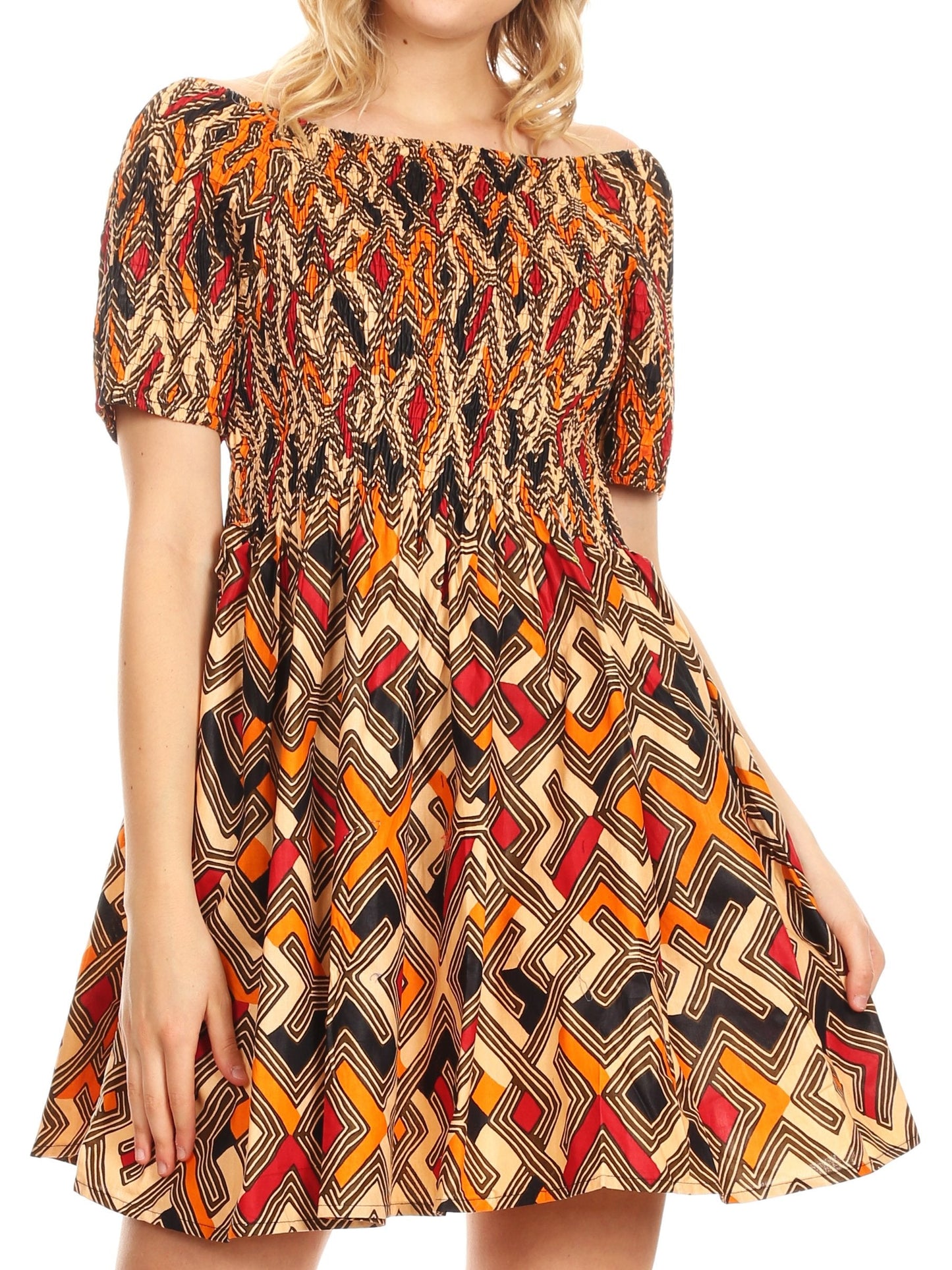 Sakkas Ife Wax African Ankara Colorful Cocktail Short Dress Off-shoulder w/pockets - Concordia Style Boutique