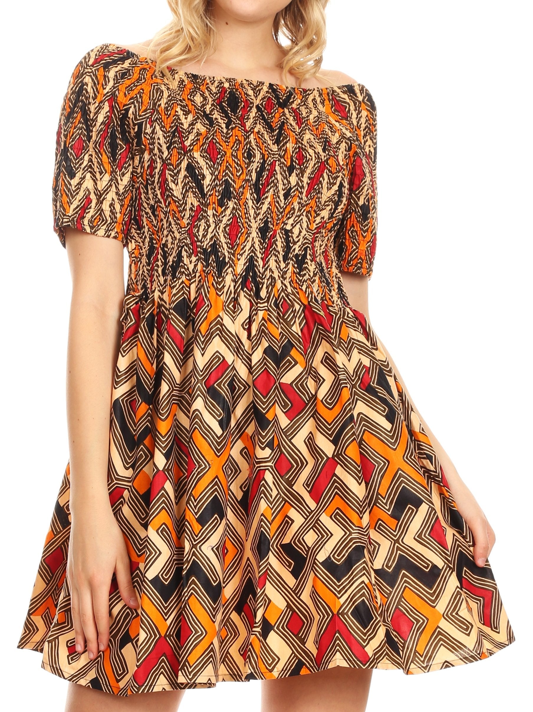 Sakkas Ife Wax African Ankara Colorful Cocktail Short Dress Off-shoulder w/pockets - Concordia Style Boutique