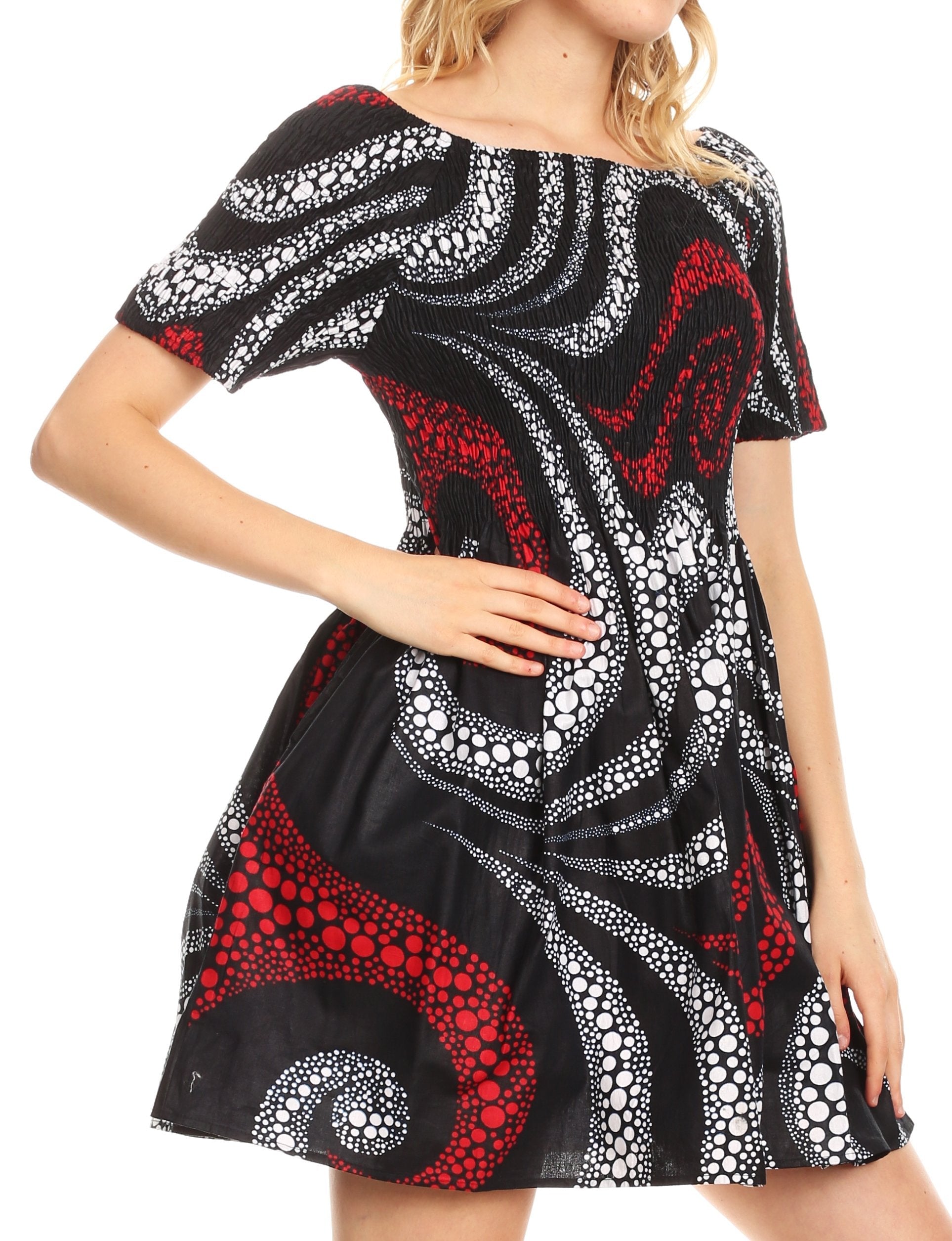 Sakkas Ife Wax African Ankara Colorful Cocktail Short Dress Off-shoulder w/pockets - Concordia Style Boutique