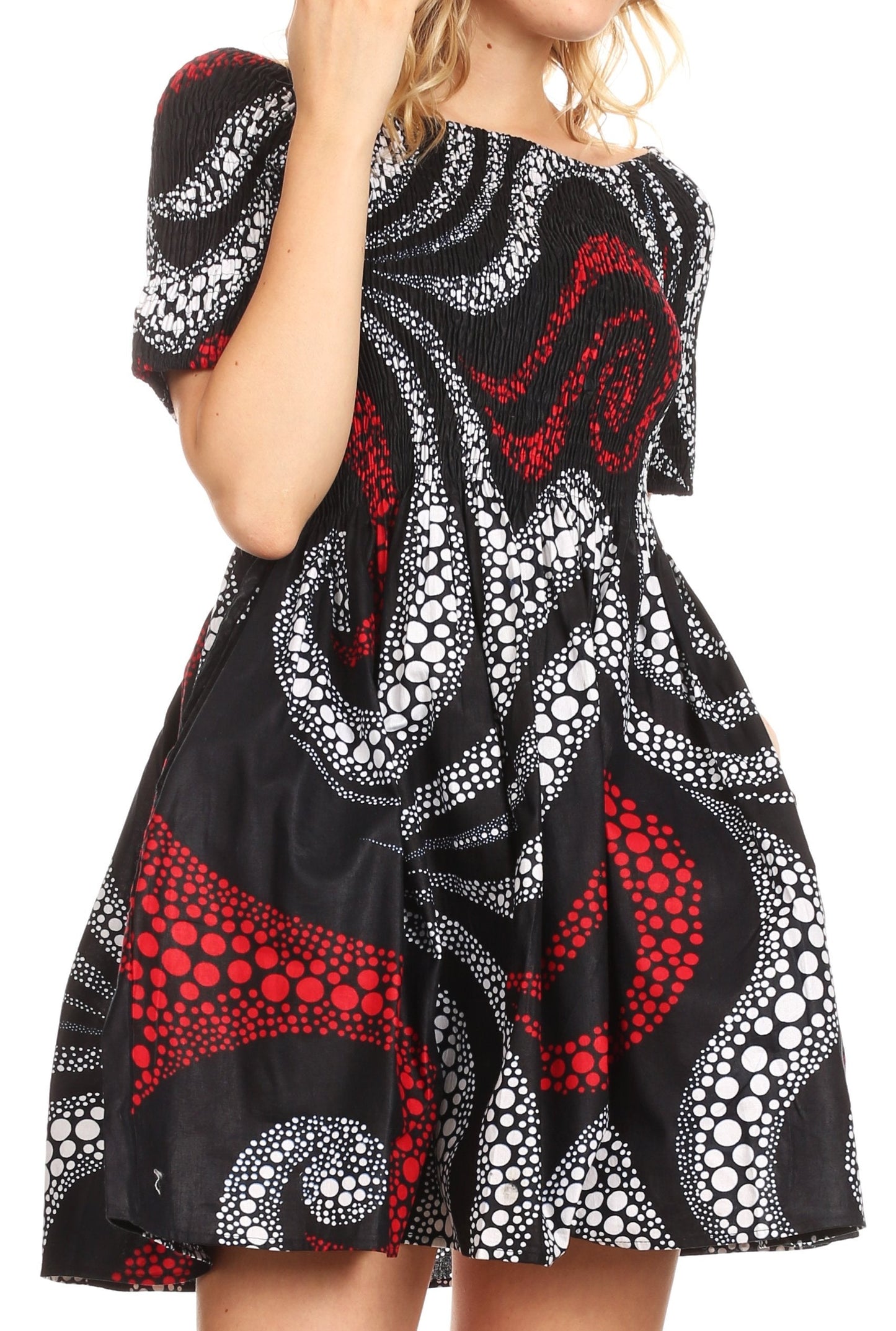 Sakkas Ife Wax African Ankara Colorful Cocktail Short Dress Off-shoulder w/pockets - Concordia Style Boutique