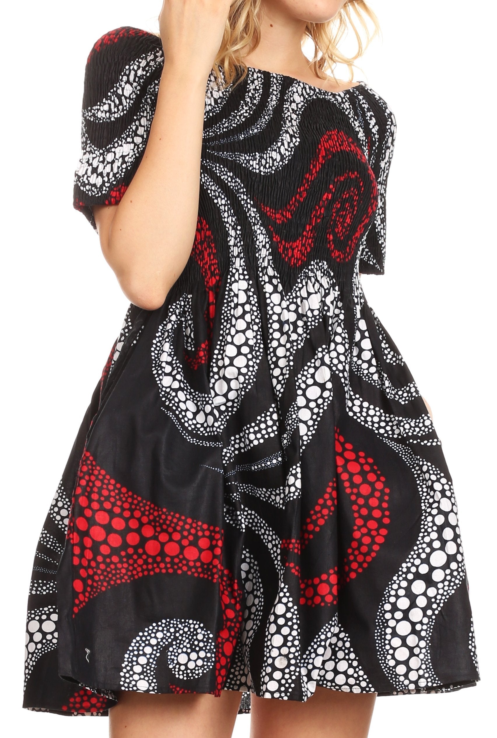 Sakkas Ife Wax African Ankara Colorful Cocktail Short Dress Off-shoulder w/pockets - Concordia Style Boutique