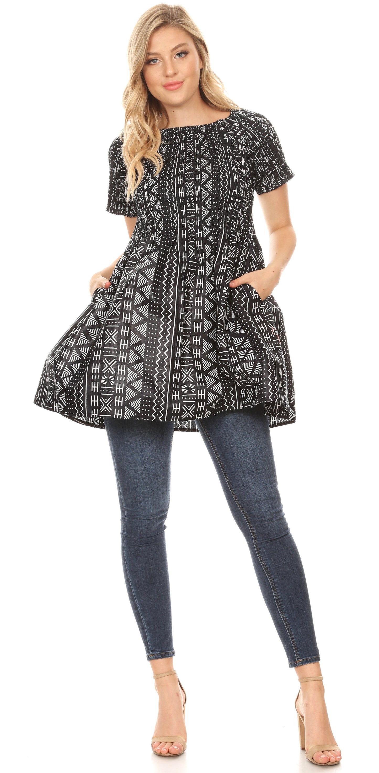 Sakkas Ife Wax African Ankara Colorful Cocktail Short Dress Off-shoulder w/pockets - Concordia Style Boutique