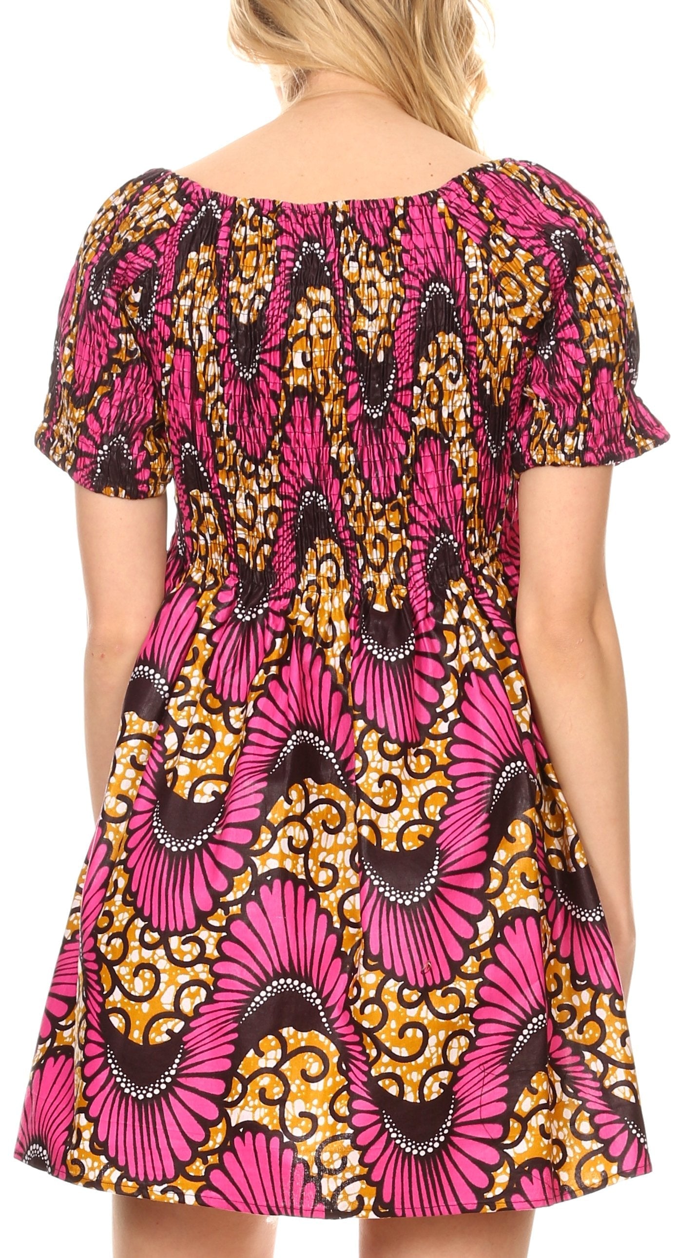 Sakkas Ife Wax African Ankara Colorful Cocktail Short Dress Off-shoulder w/pockets - Concordia Style Boutique