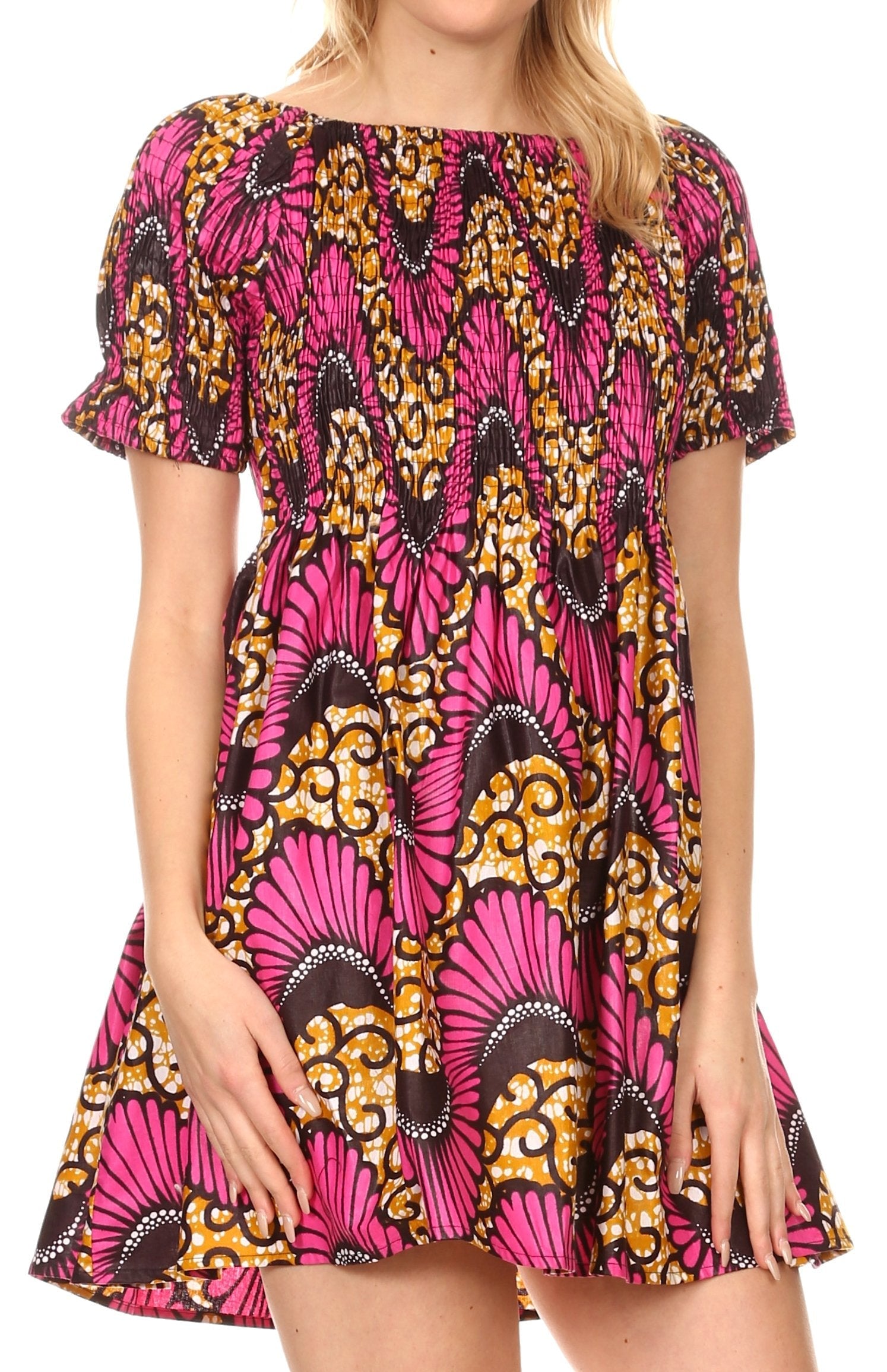 Sakkas Ife Wax African Ankara Colorful Cocktail Short Dress Off-shoulder w/pockets - Concordia Style Boutique