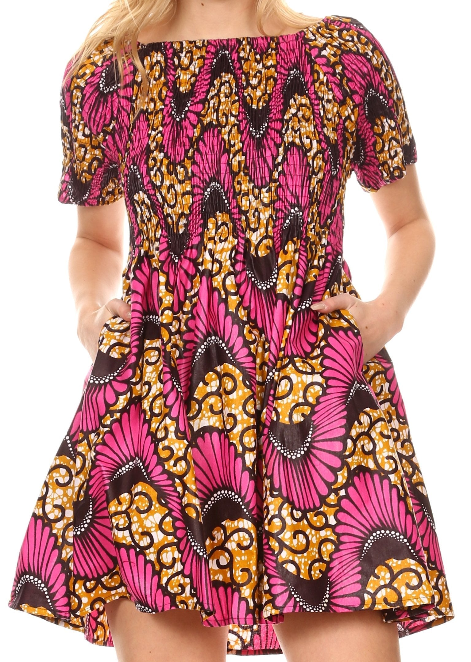 Sakkas Ife Wax African Ankara Colorful Cocktail Short Dress Off-shoulder w/pockets - Concordia Style Boutique