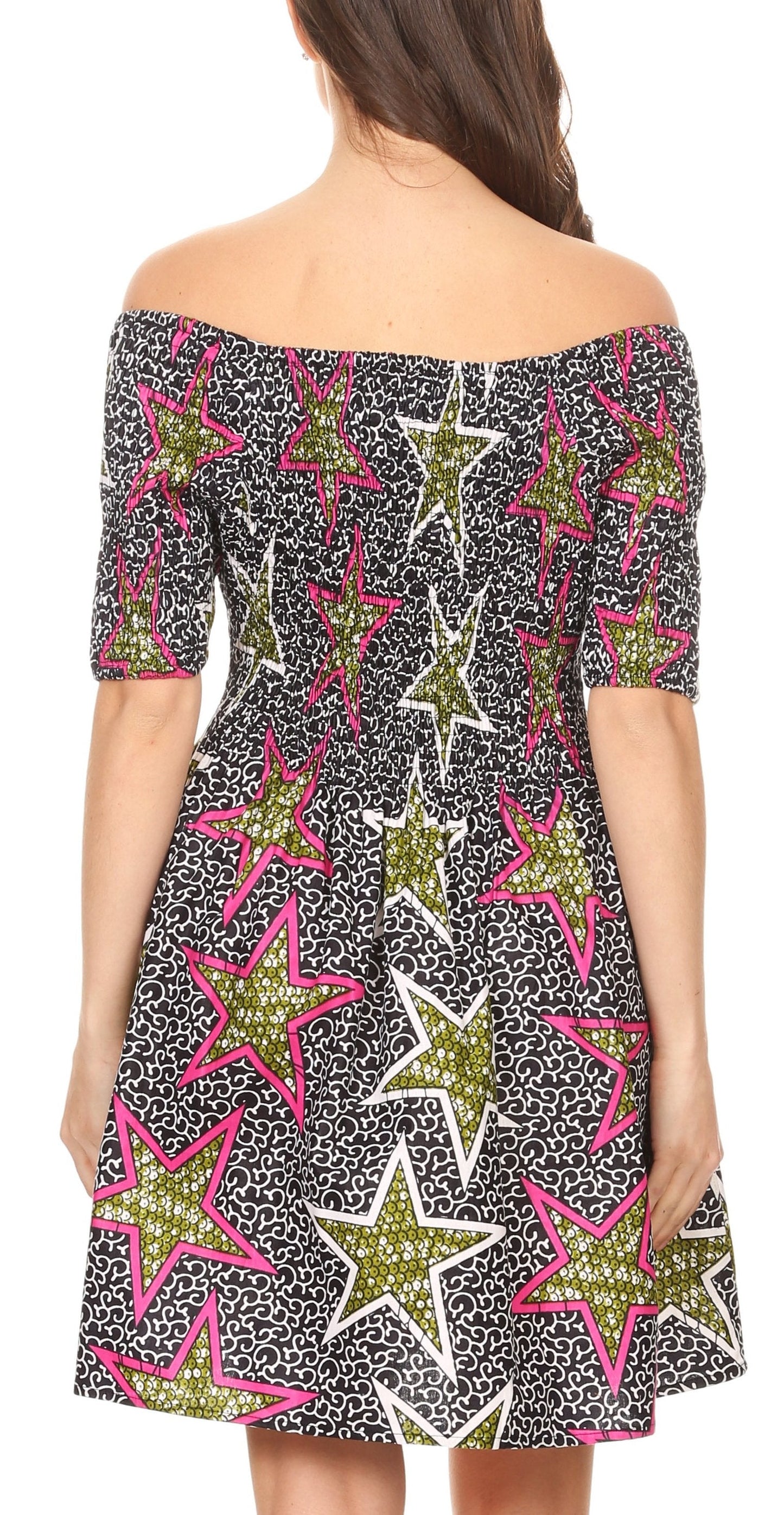 Sakkas Ife Wax African Ankara Colorful Cocktail Short Dress Off-shoulder w/pockets - Concordia Style Boutique