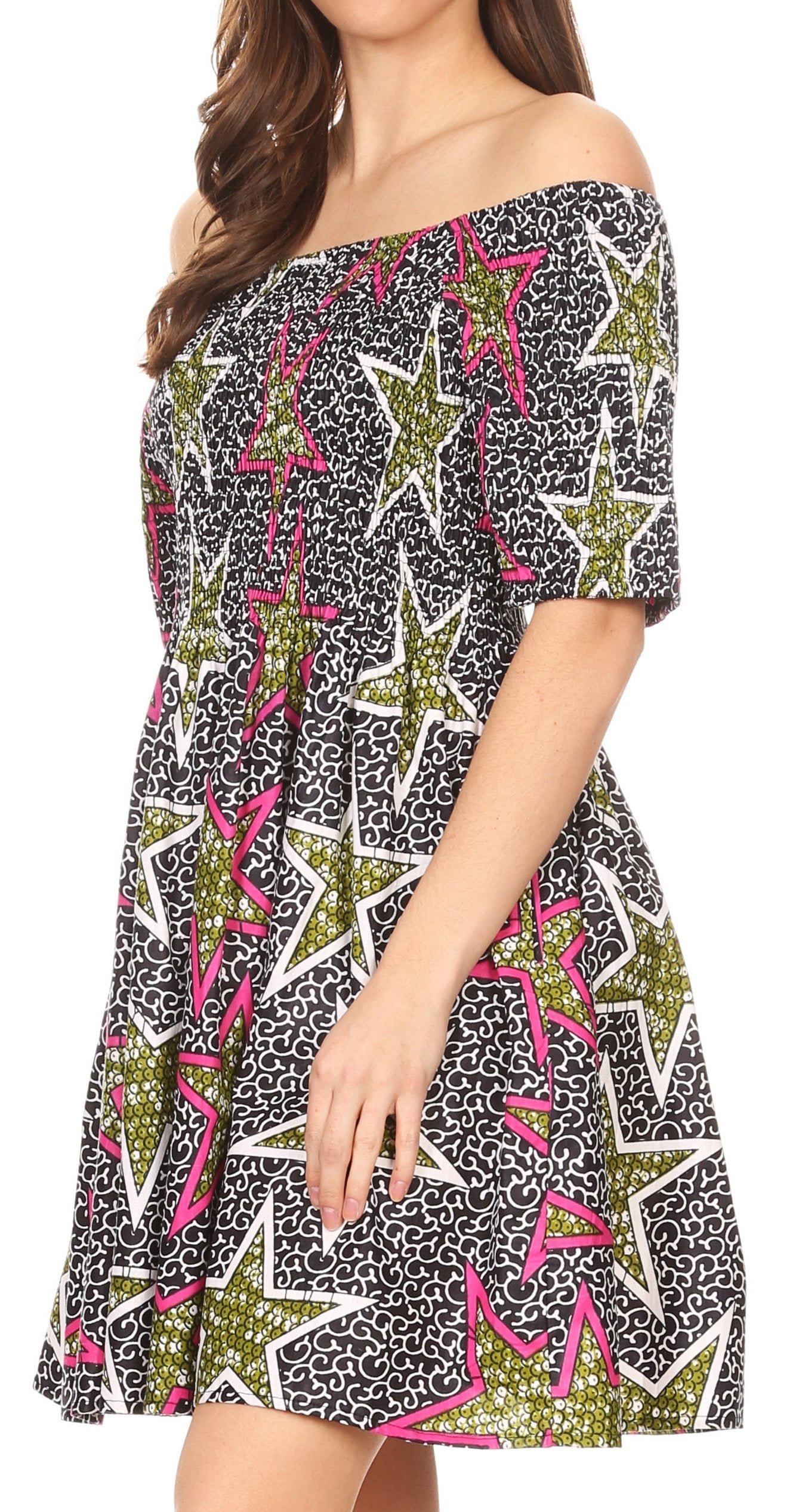 Sakkas Ife Wax African Ankara Colorful Cocktail Short Dress Off-shoulder w/pockets - Concordia Style Boutique