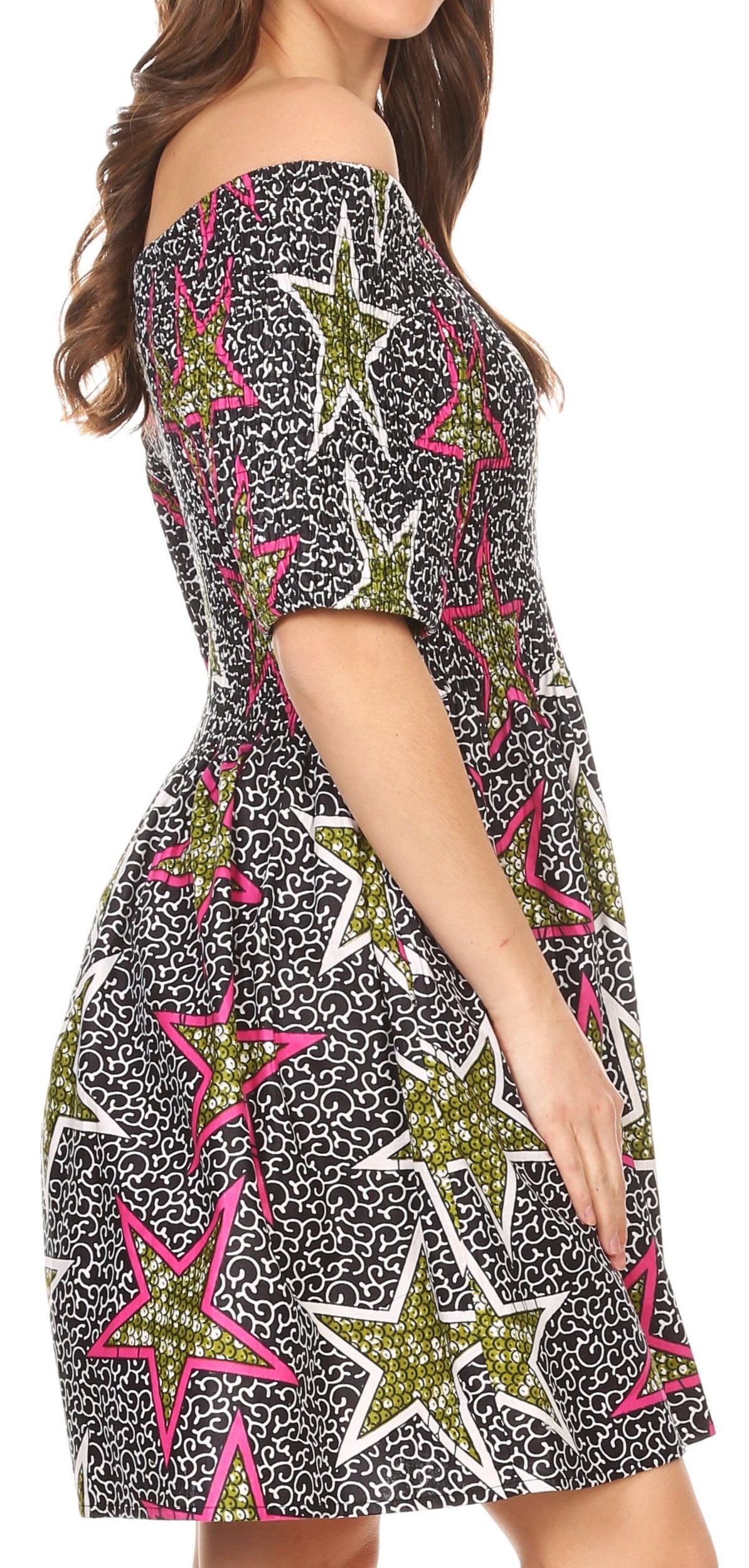 Sakkas Ife Wax African Ankara Colorful Cocktail Short Dress Off-shoulder w/pockets - Concordia Style Boutique