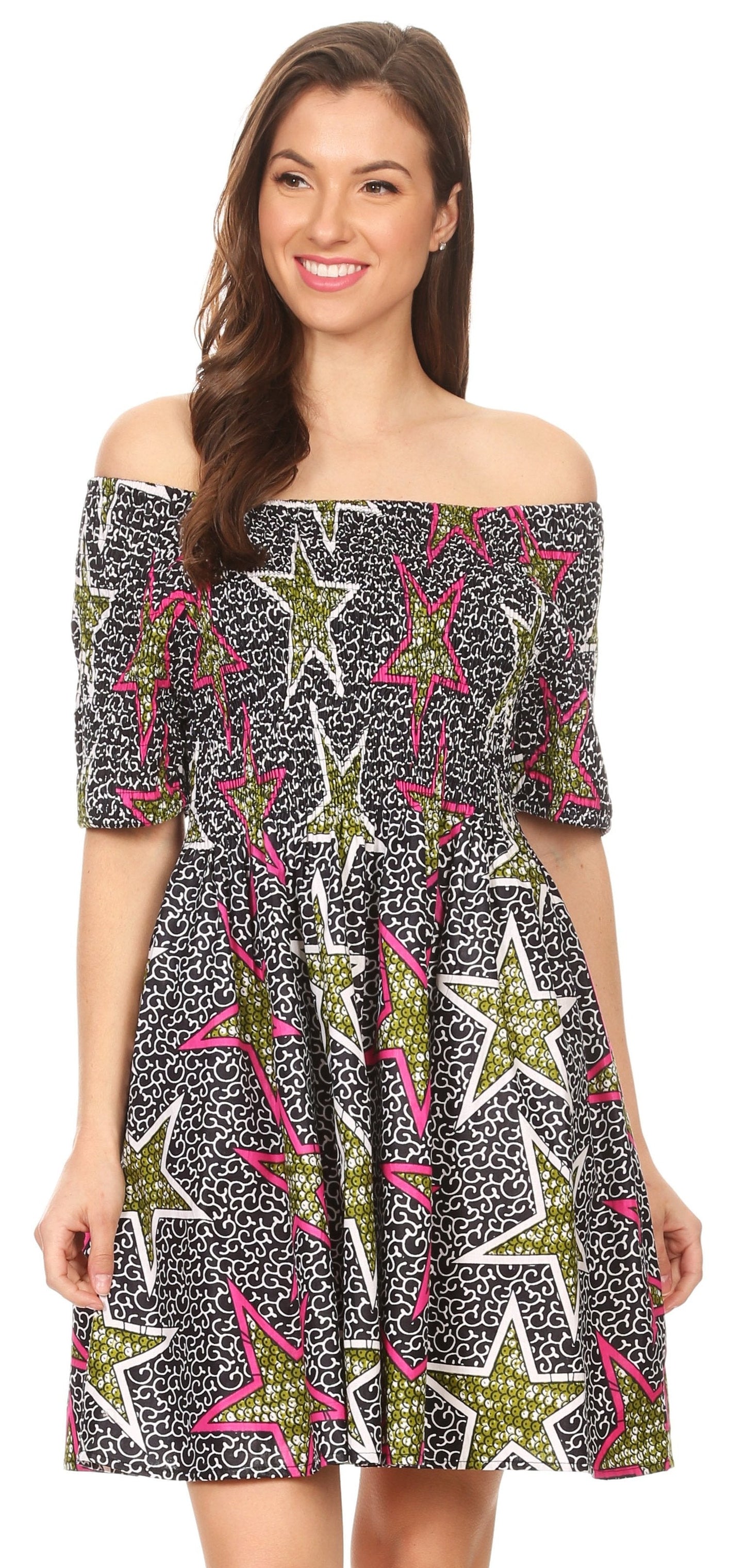 Sakkas Ife Wax African Ankara Colorful Cocktail Short Dress Off-shoulder w/pockets - Concordia Style Boutique