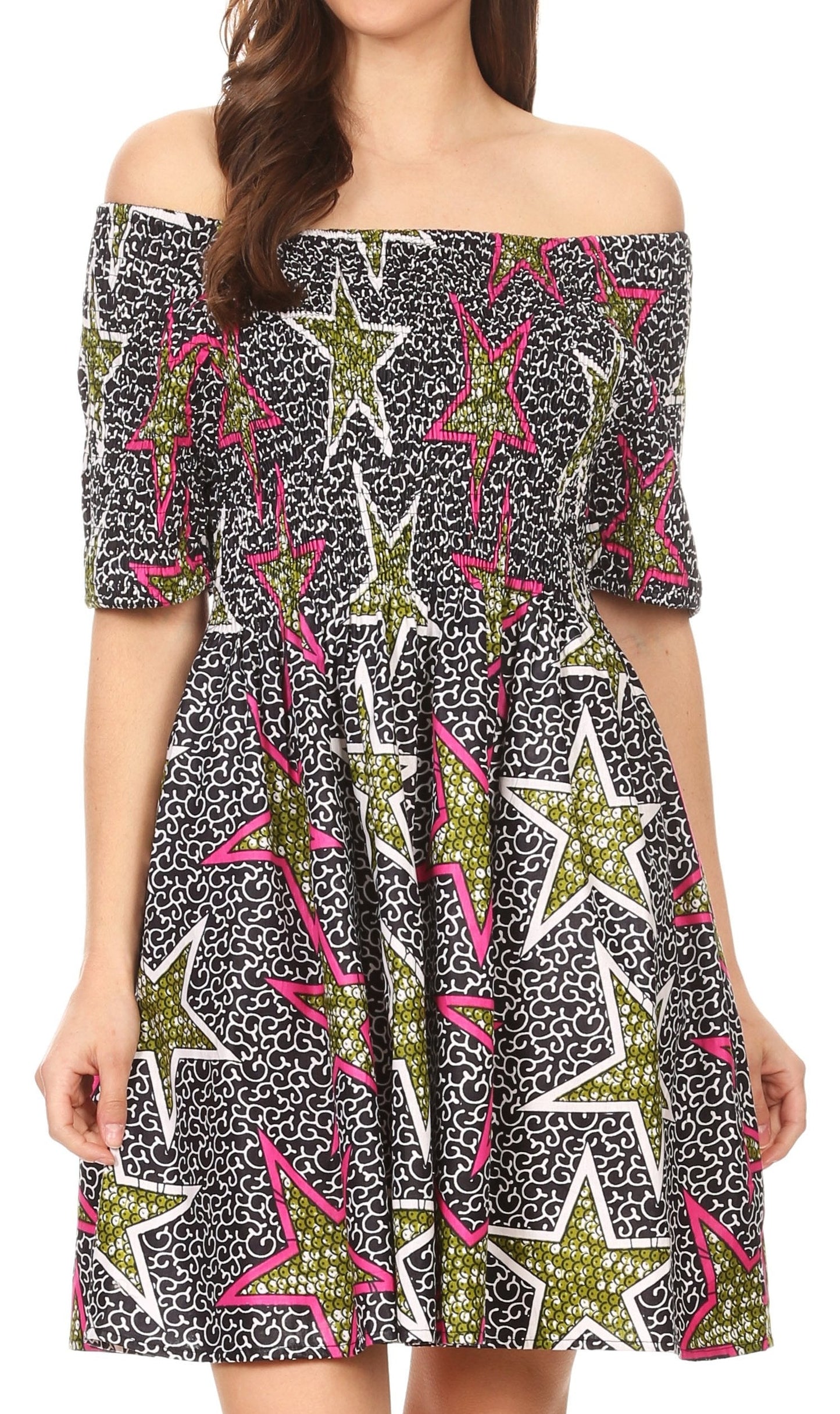 Sakkas Ife Wax African Ankara Colorful Cocktail Short Dress Off-shoulder w/pockets - Concordia Style Boutique