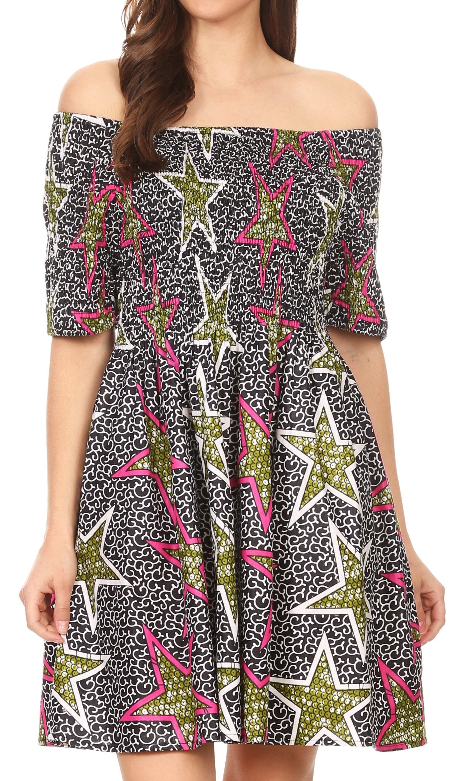 Sakkas Ife Wax African Ankara Colorful Cocktail Short Dress Off-shoulder w/pockets - Concordia Style Boutique