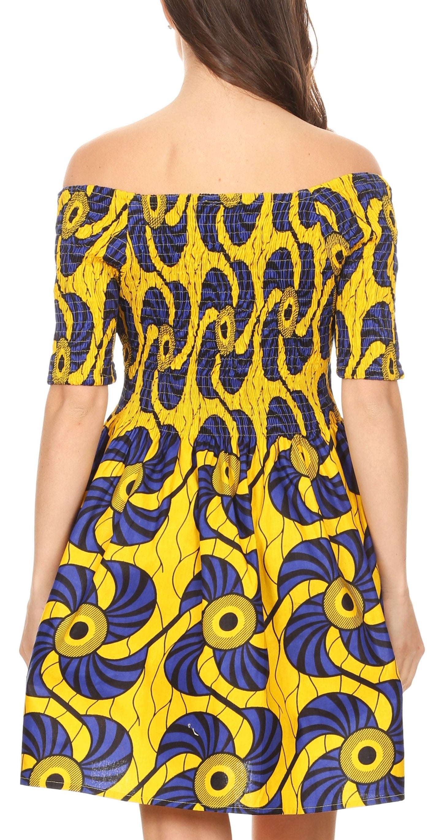 Sakkas Ife Wax African Ankara Colorful Cocktail Short Dress Off-shoulder w/pockets - Concordia Style Boutique