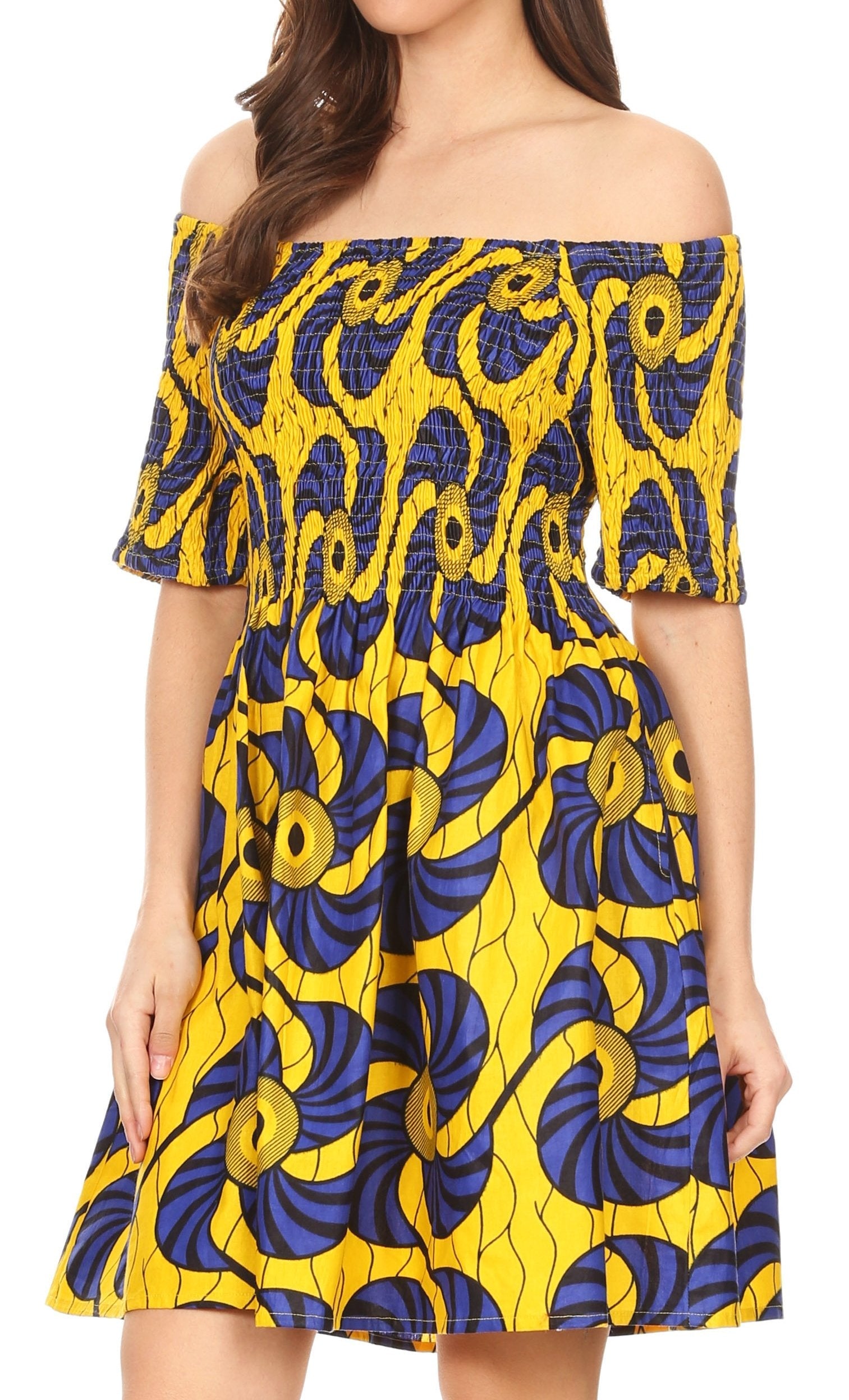 Sakkas Ife Wax African Ankara Colorful Cocktail Short Dress Off-shoulder w/pockets - Concordia Style Boutique