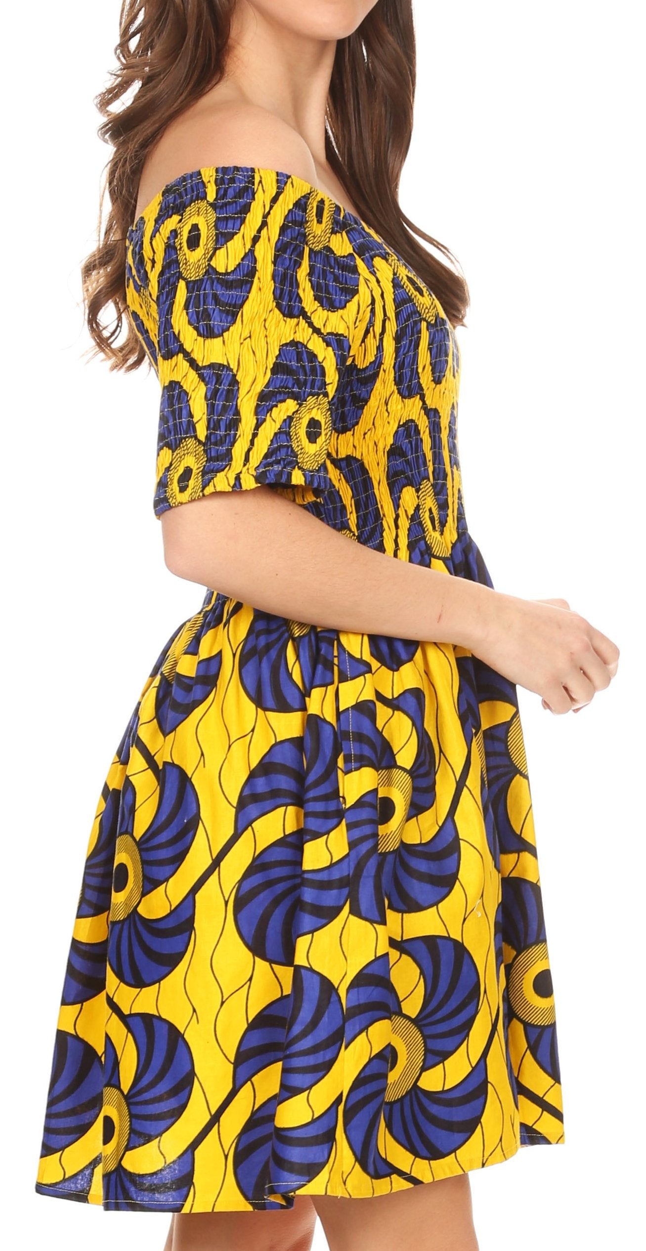 Sakkas Ife Wax African Ankara Colorful Cocktail Short Dress Off-shoulder w/pockets - Concordia Style Boutique