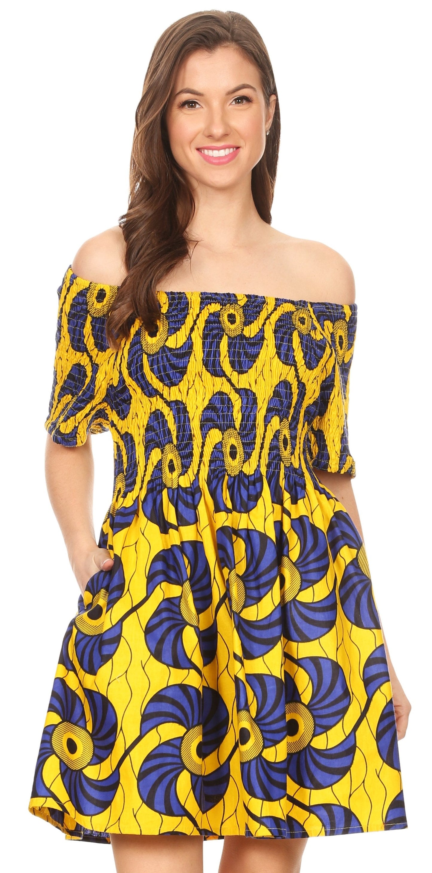 Sakkas Ife Wax African Ankara Colorful Cocktail Short Dress Off-shoulder w/pockets - Concordia Style Boutique