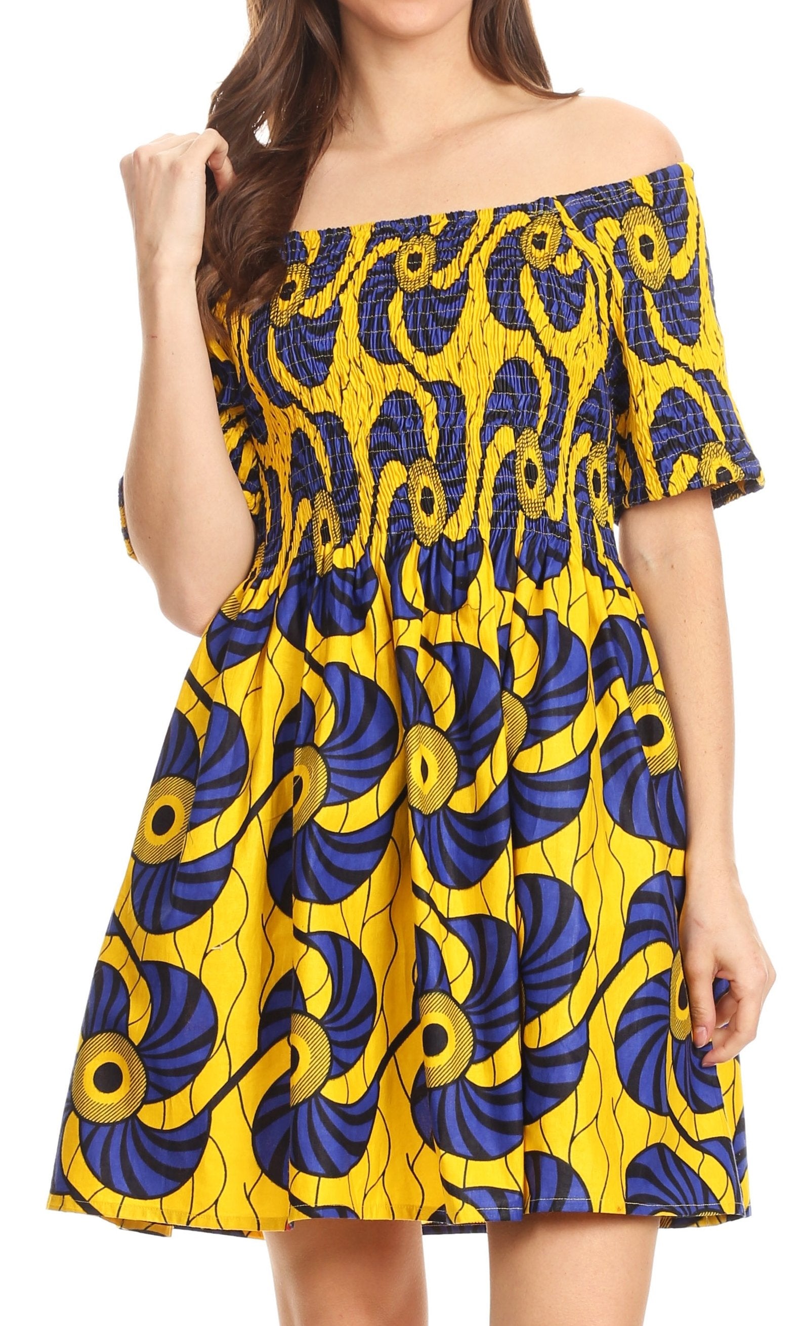 Sakkas Ife Wax African Ankara Colorful Cocktail Short Dress Off-shoulder w/pockets - Concordia Style Boutique