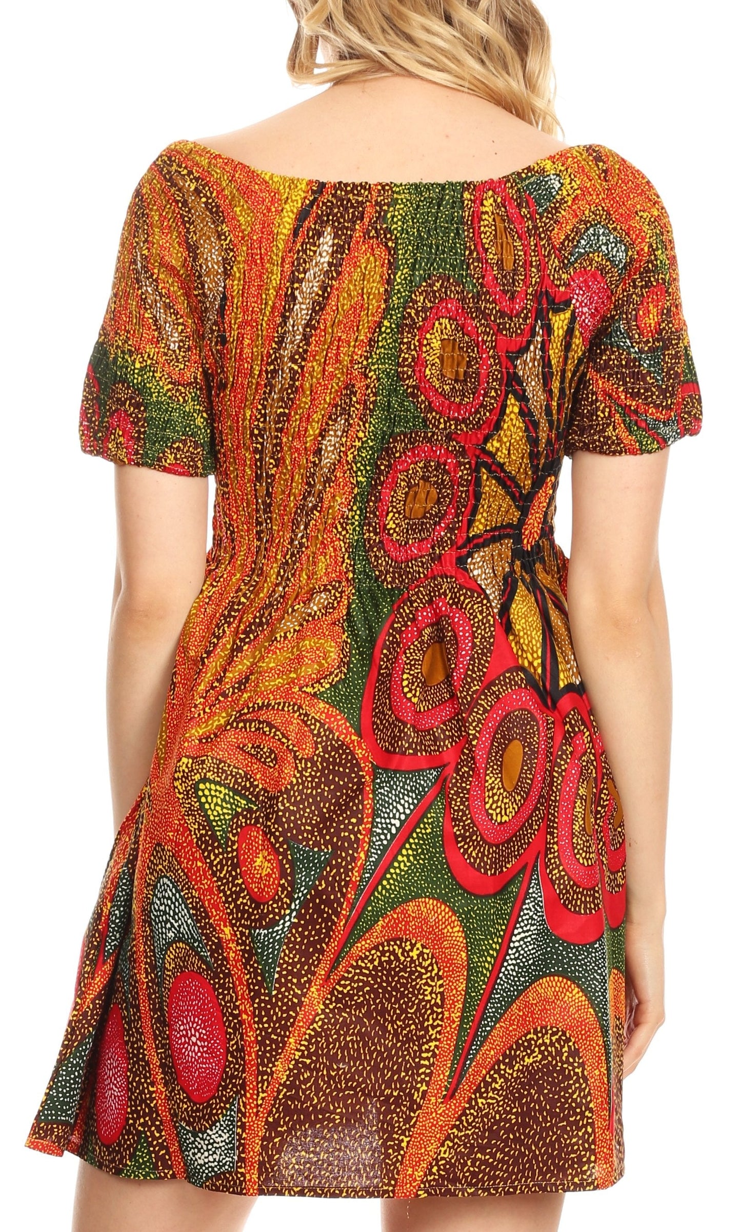 Sakkas Ife Wax African Ankara Colorful Cocktail Short Dress Off-shoulder w/pockets - Concordia Style Boutique