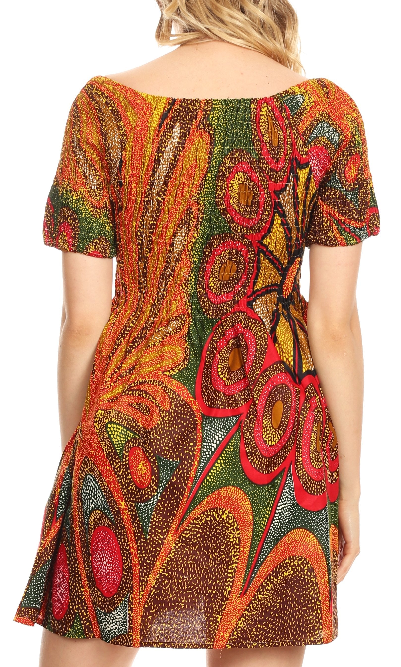 Sakkas Ife Wax African Ankara Colorful Cocktail Short Dress Off-shoulder w/pockets - Concordia Style Boutique