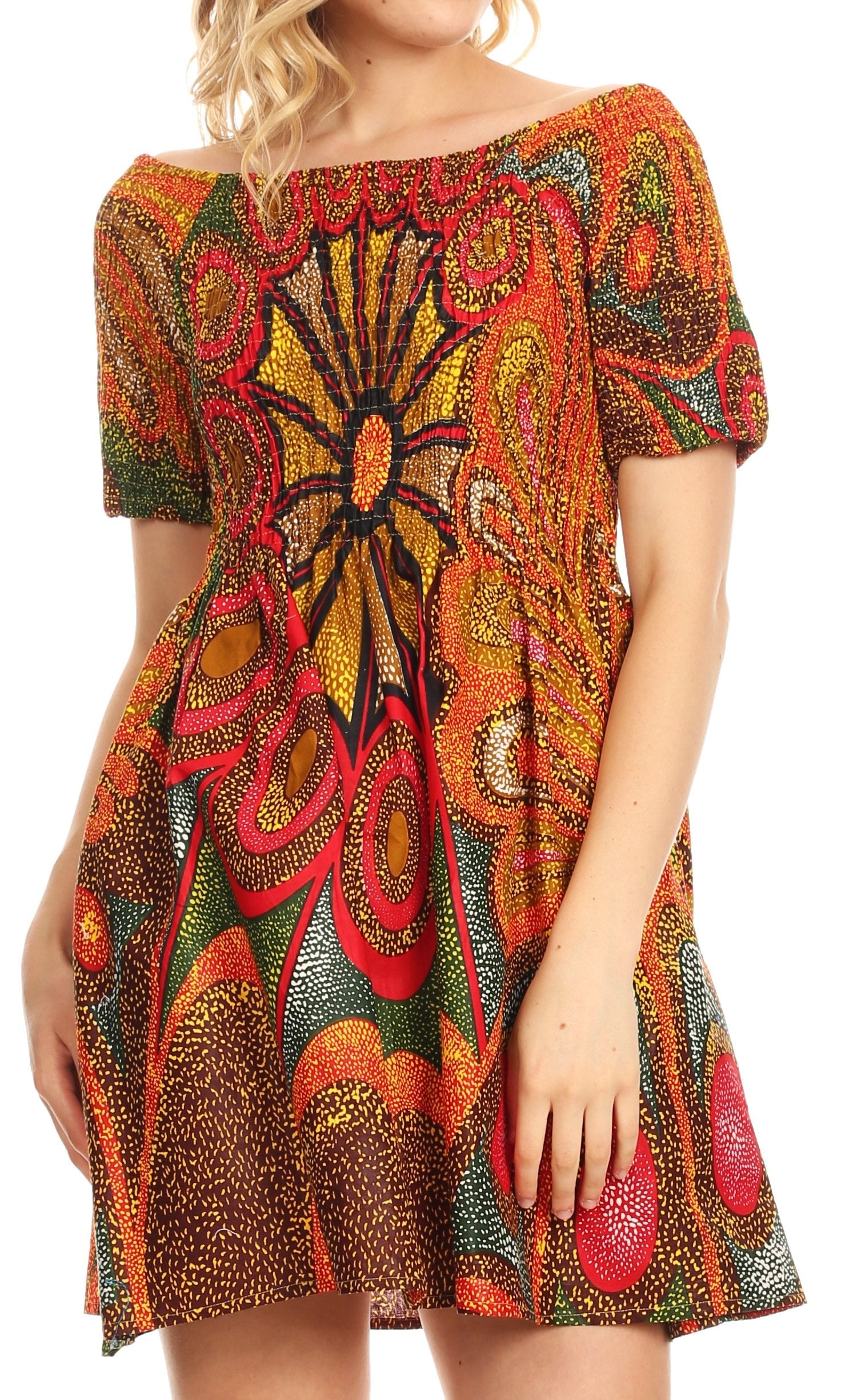 Sakkas Ife Wax African Ankara Colorful Cocktail Short Dress Off-shoulder w/pockets - Concordia Style Boutique