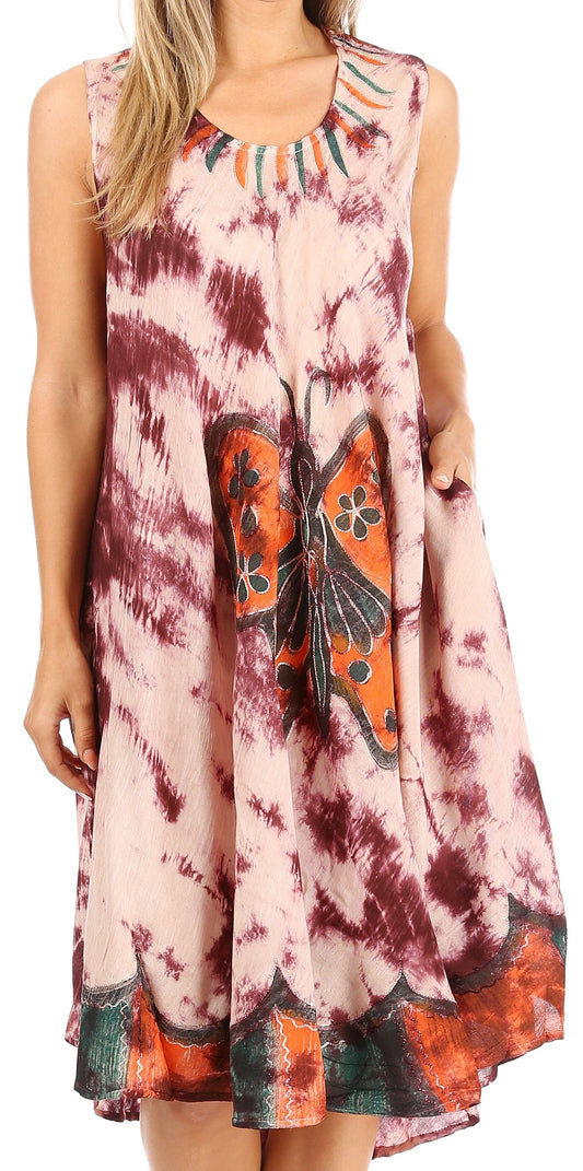 Sakkas Butterfly Tie Dye Tank Sheath Caftan Mid Length Dress - Concordia Style Boutique