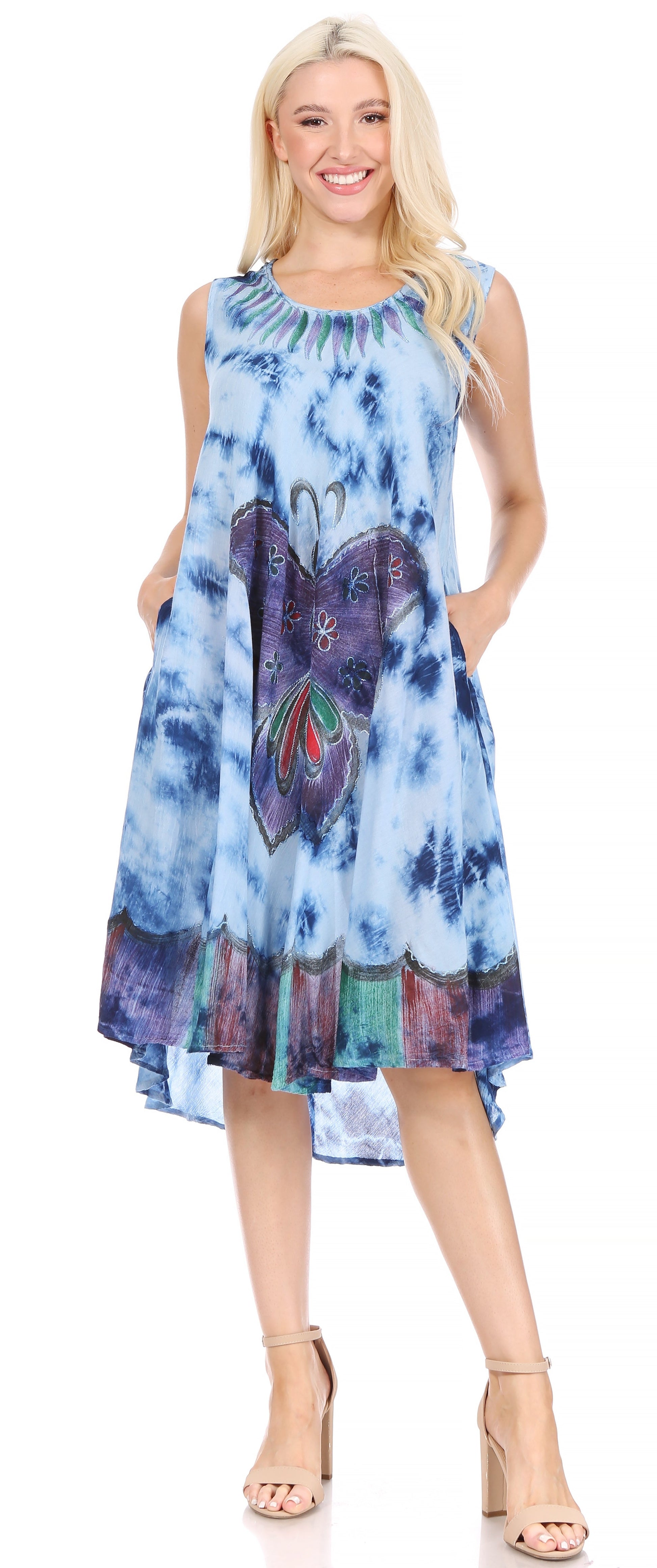 Sakkas Butterfly Tie Dye Tank Sheath Caftan Mid Length Dress - Concordia Style Boutique