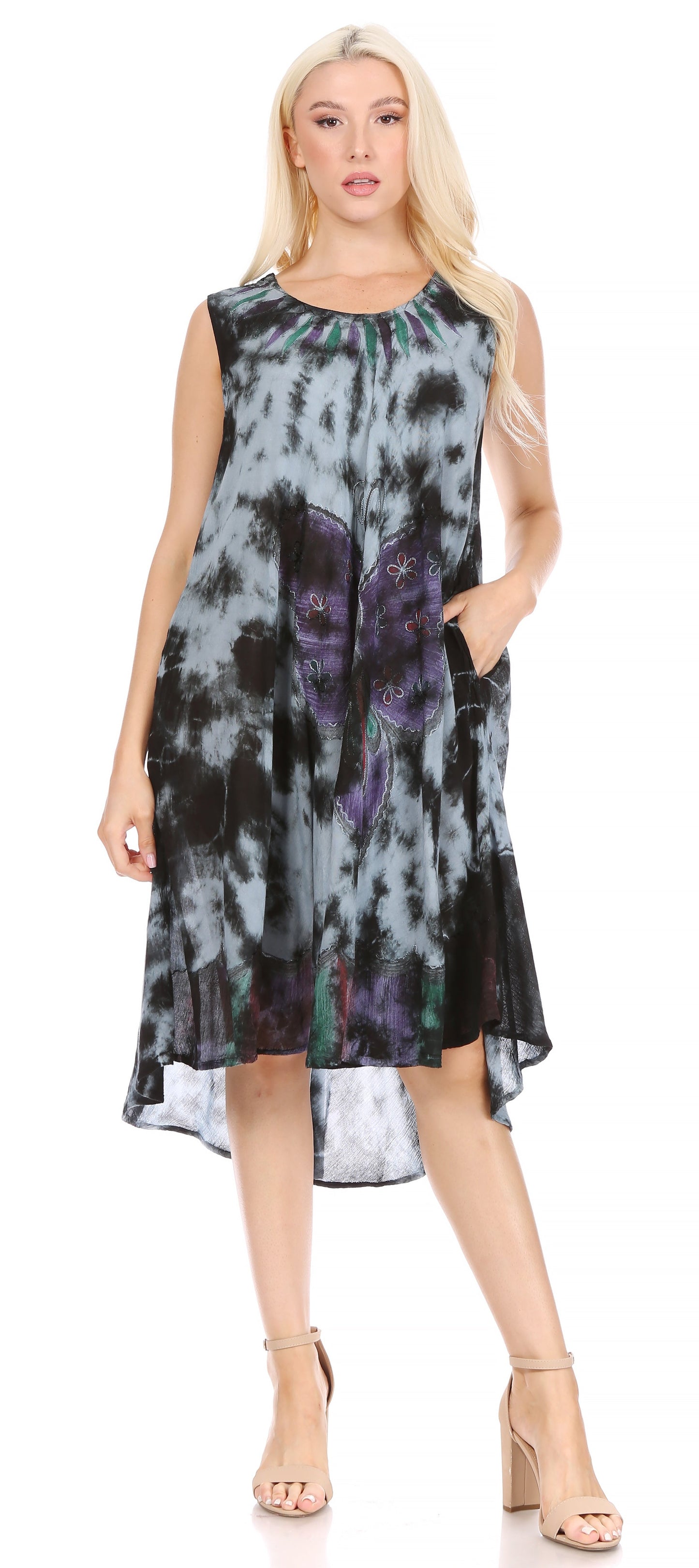 Sakkas Butterfly Tie Dye Tank Sheath Caftan Mid Length Dress - Concordia Style Boutique