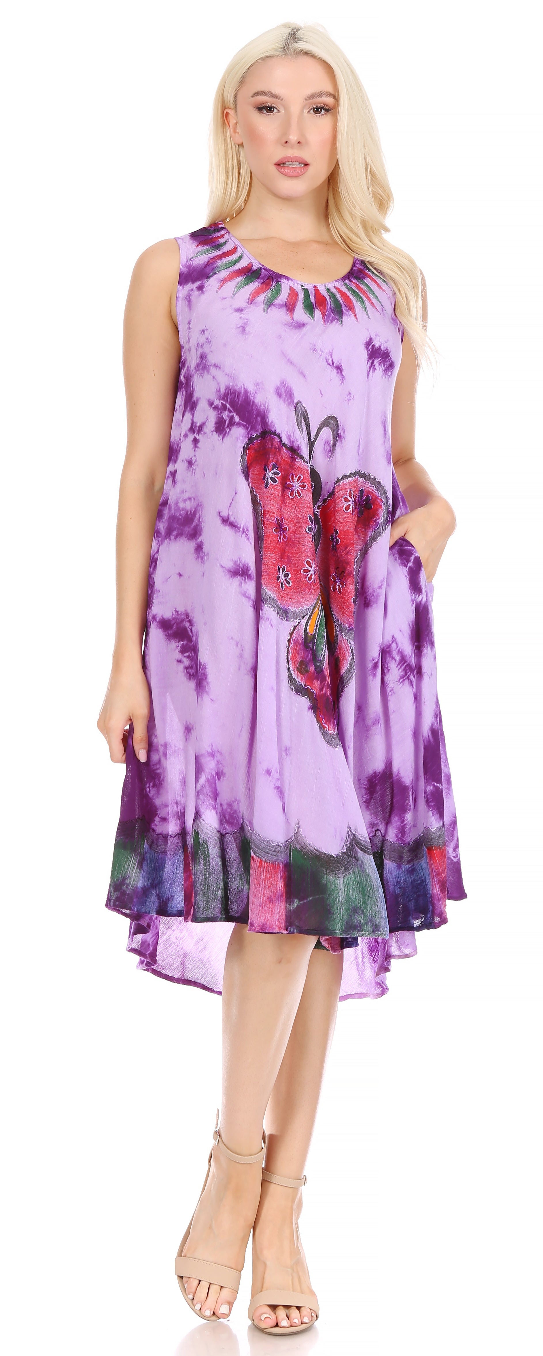 Sakkas Butterfly Tie Dye Tank Sheath Caftan Mid Length Dress - Concordia Style Boutique