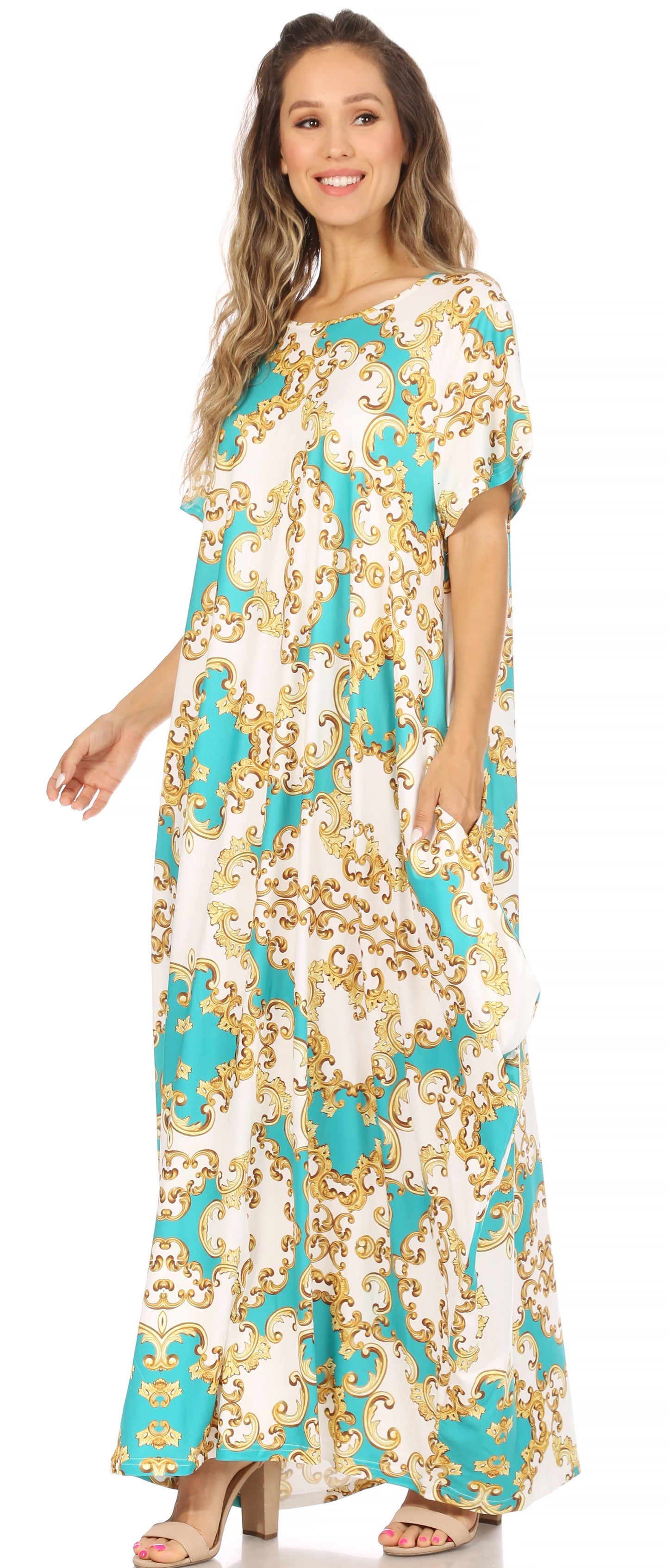 Sakkas Abeni Women's Short Sleeve Casual Print Long Maxi Cover-up Caftan Dress - Concordia Style Boutique