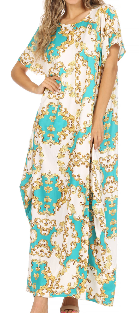 Sakkas Abeni Women's Short Sleeve Casual Print Long Maxi Cover-up Caftan Dress - Concordia Style Boutique