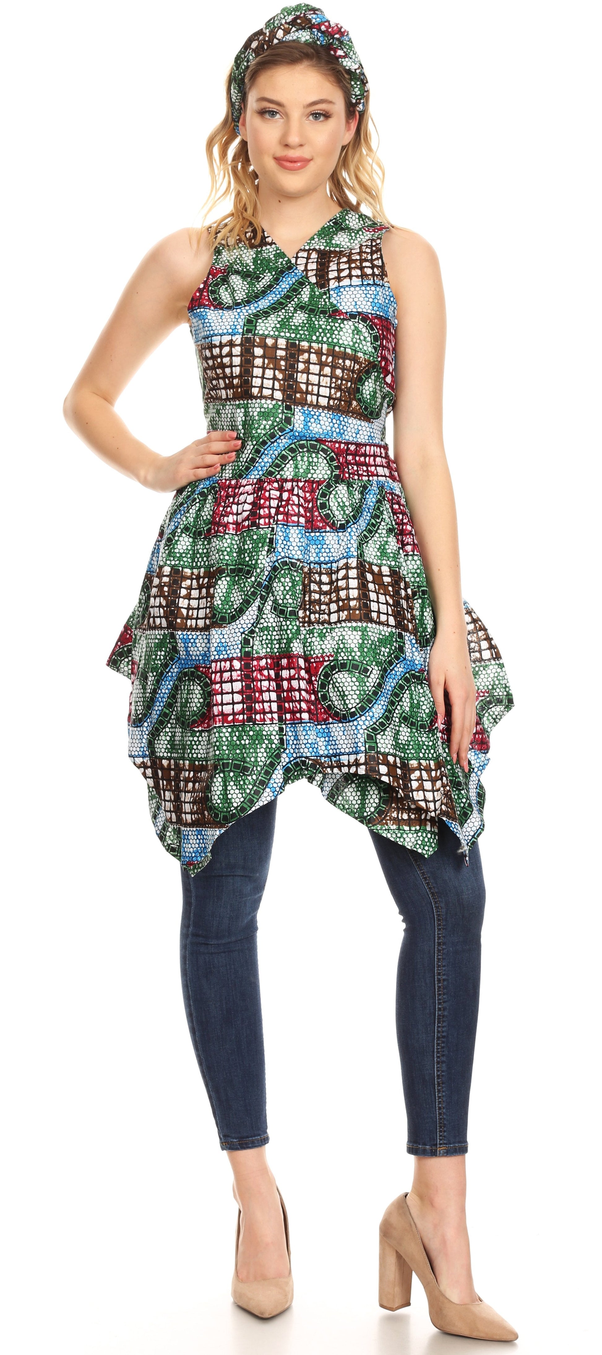 Sakkas Vale Womens African Ankara Sleeveless Short Cocktail Wrap Dress with Pocket - Concordia Style Boutique