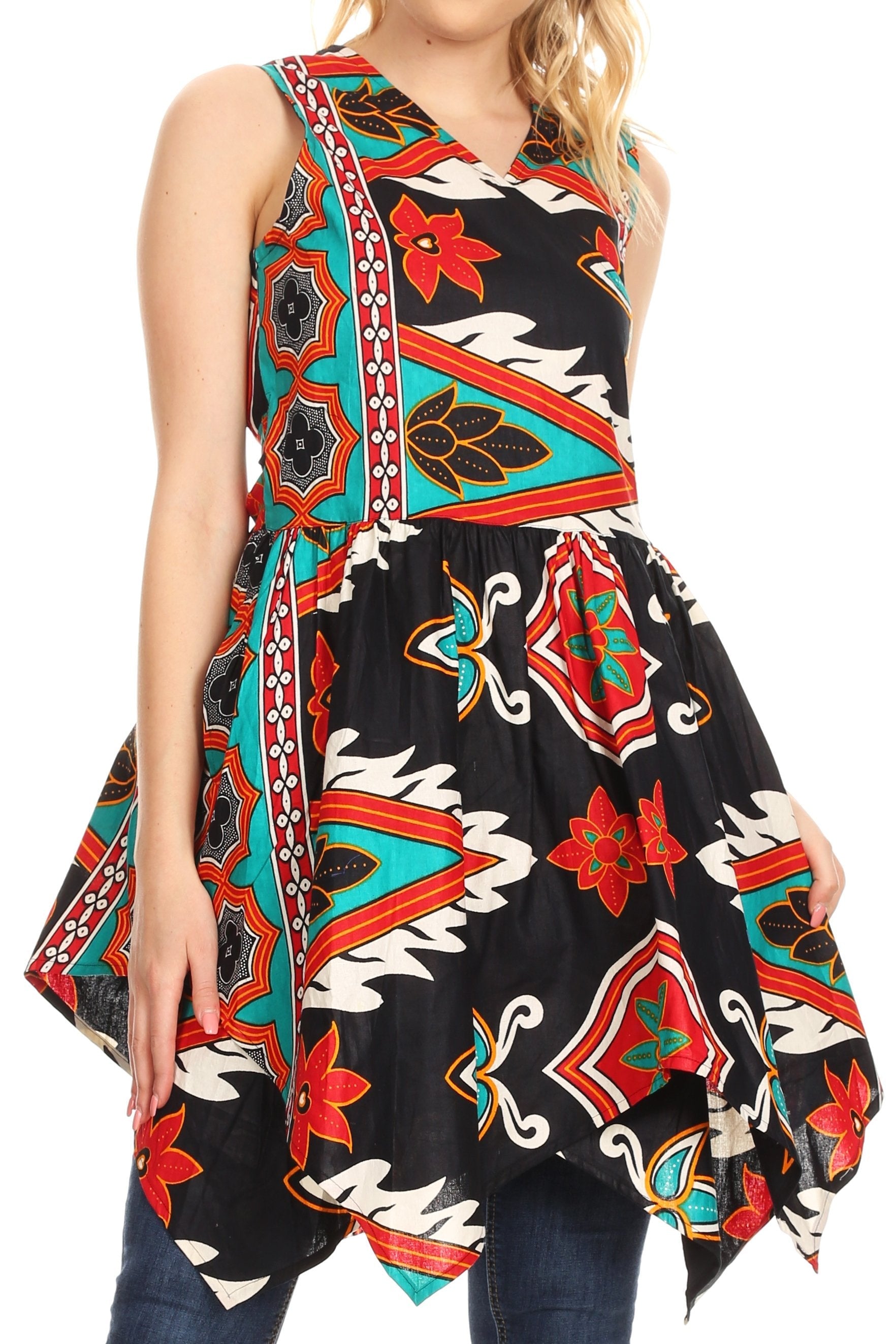 Sakkas Vale Womens African Ankara Sleeveless Short Cocktail Wrap Dress with Pocket - Concordia Style Boutique