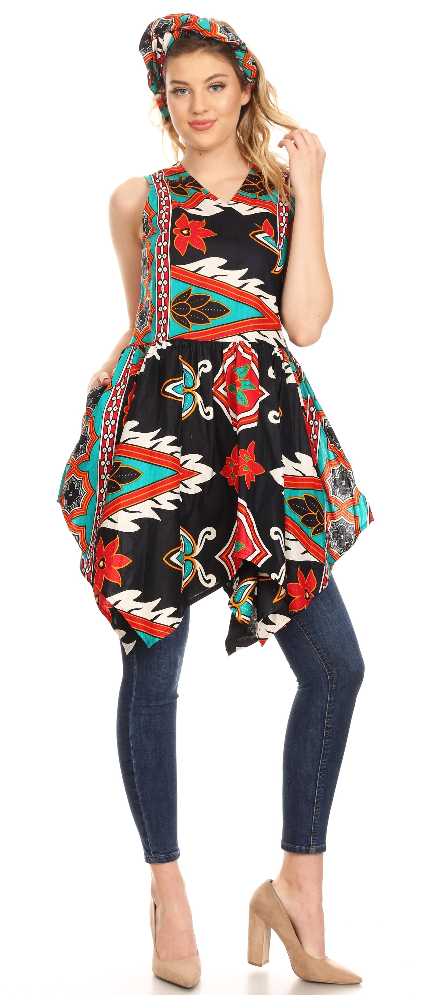 Sakkas Vale Womens African Ankara Sleeveless Short Cocktail Wrap Dress with Pocket - Concordia Style Boutique