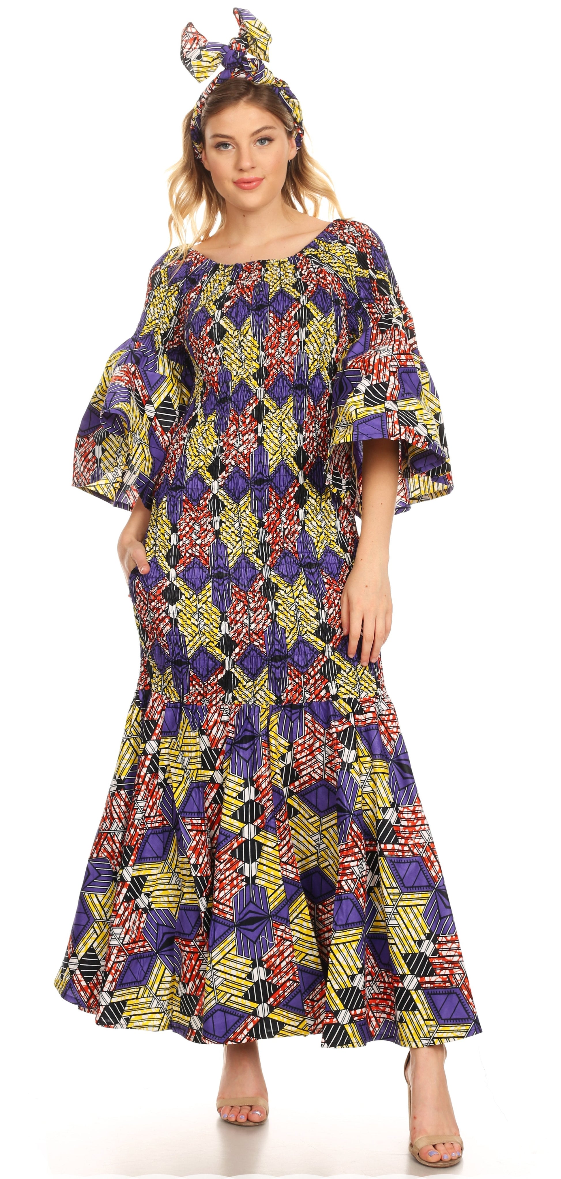 Sakkas Zarah Women's African Ankara Body-con Off shoulder Mermaid Pocket Dress - Concordia Style Boutique