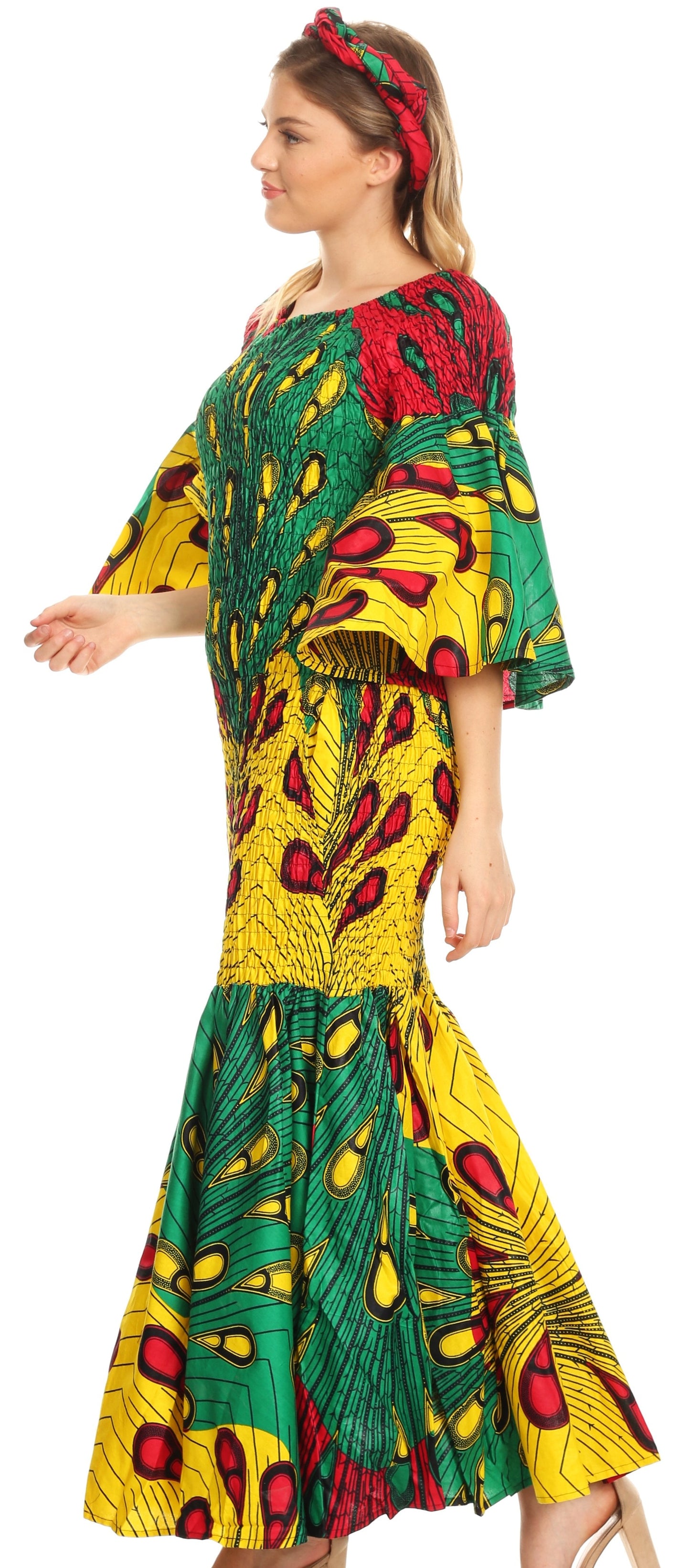 Sakkas Zarah Women's African Ankara Body-con Off shoulder Mermaid Pocket Dress - Concordia Style Boutique