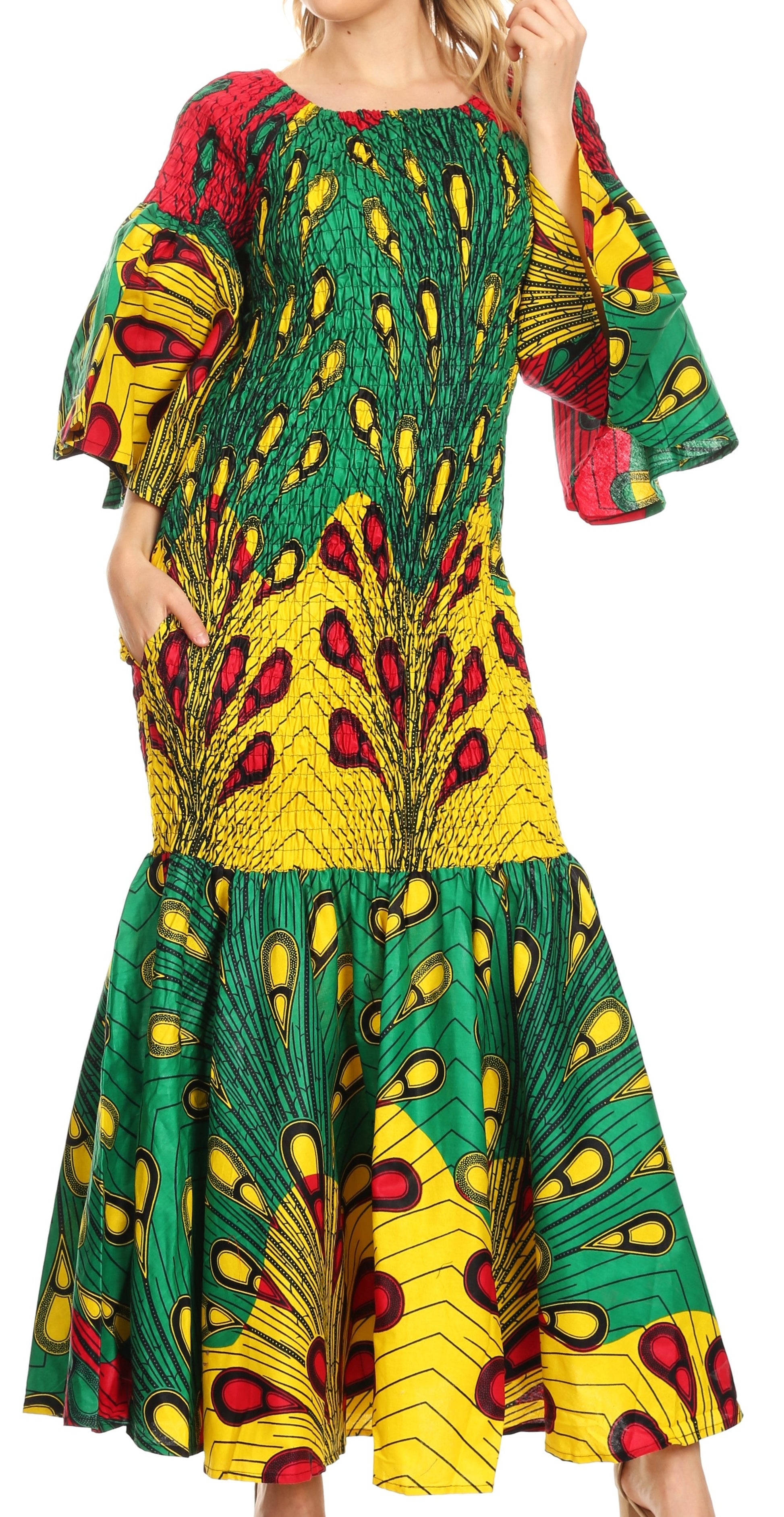 Sakkas Zarah Women's African Ankara Body-con Off shoulder Mermaid Pocket Dress - Concordia Style Boutique