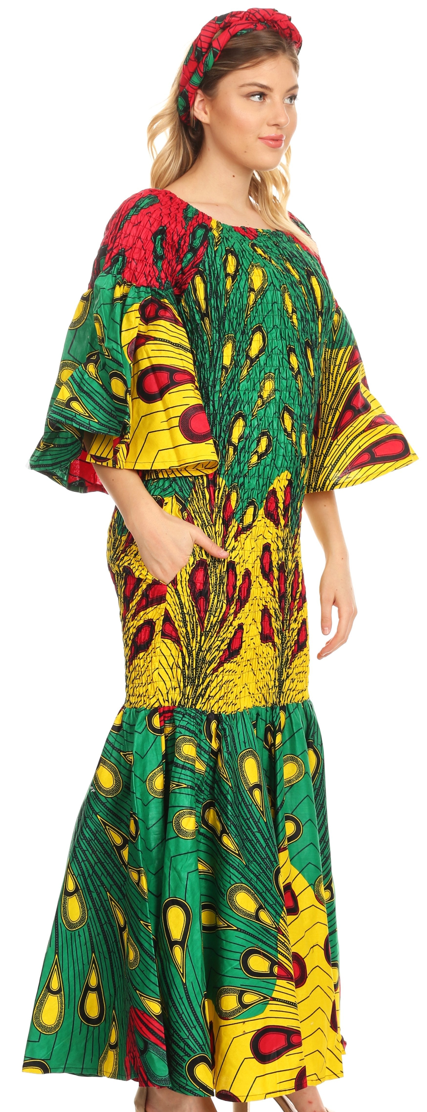 Sakkas Zarah Women's African Ankara Body-con Off shoulder Mermaid Pocket Dress - Concordia Style Boutique