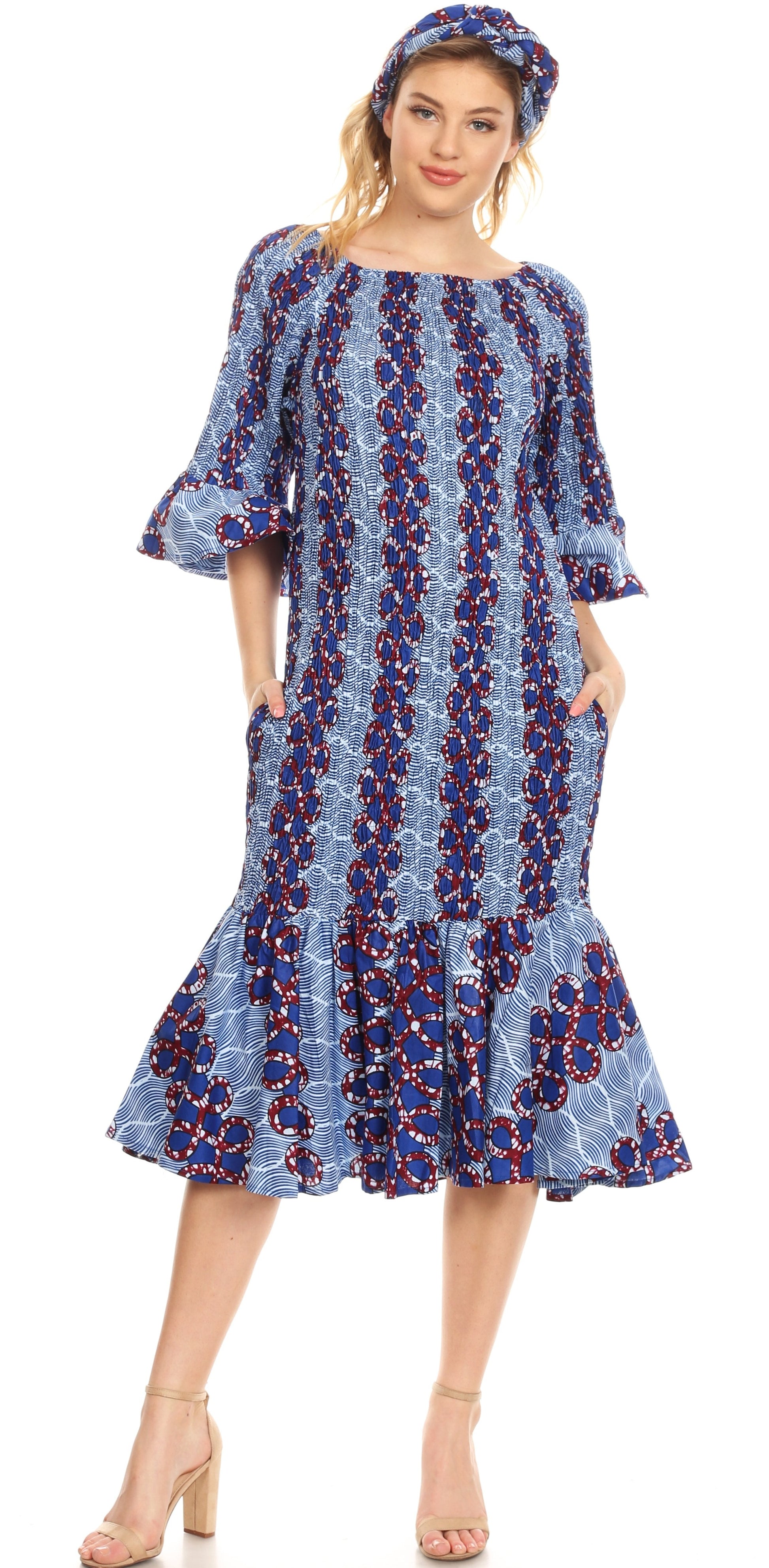 Sakkas Zarah Women's African Ankara Body-con Off shoulder Mermaid Pocket Dress - Concordia Style Boutique