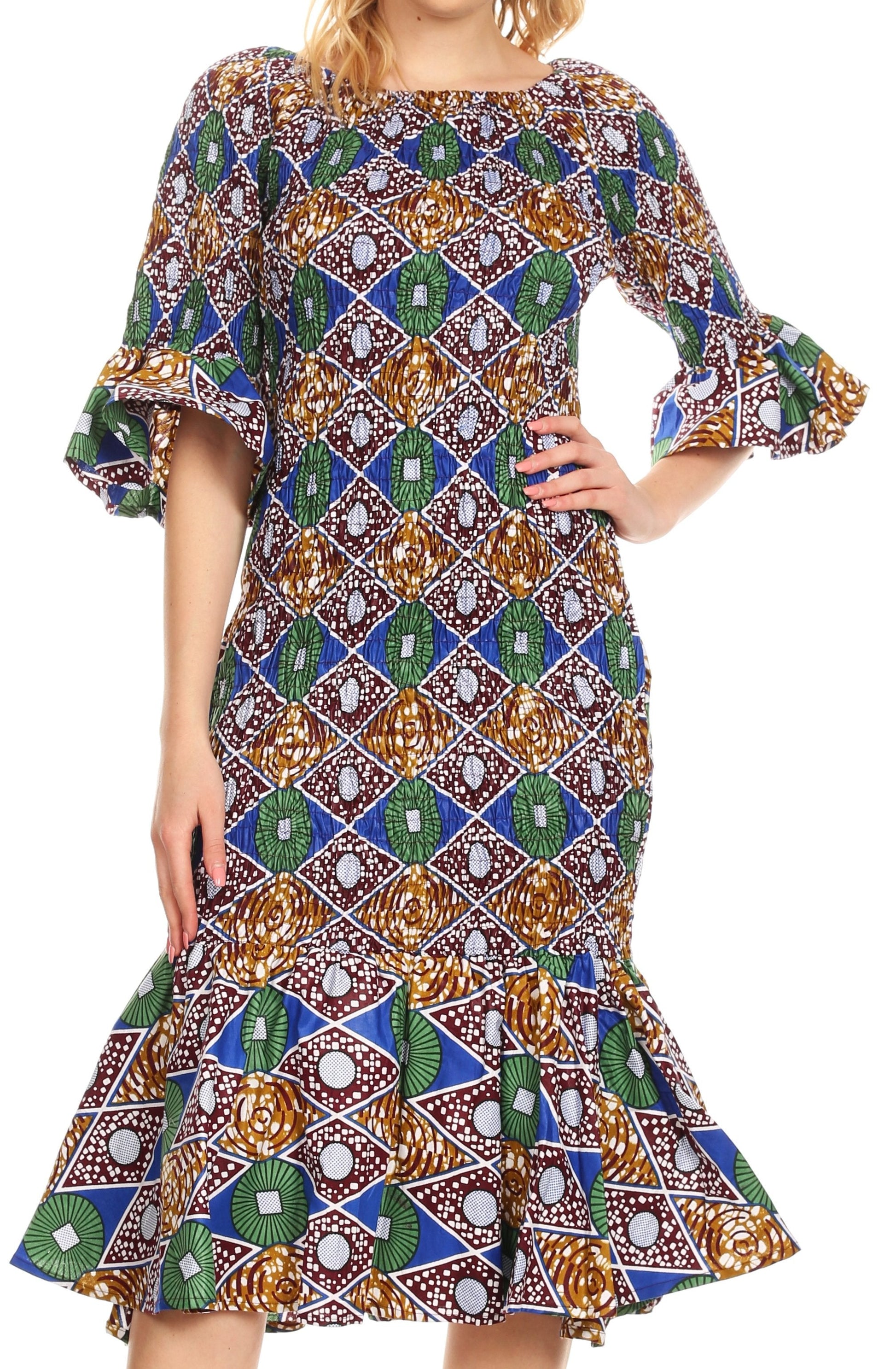 Sakkas Zarah Women's African Ankara Body-con Off shoulder Mermaid Pocket Dress - Concordia Style Boutique