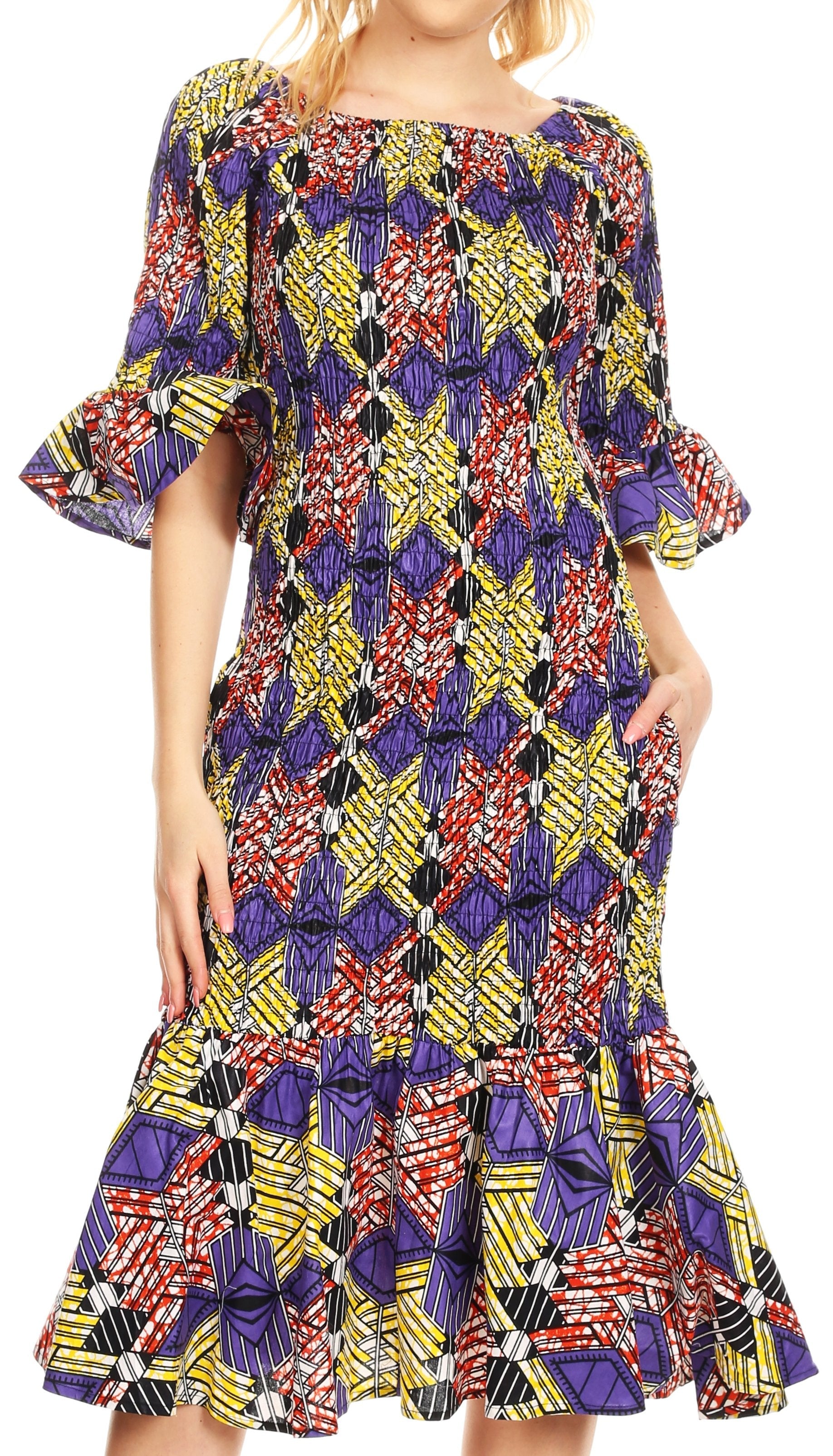 Sakkas Zarah Women's African Ankara Body-con Off shoulder Mermaid Pocket Dress - Concordia Style Boutique