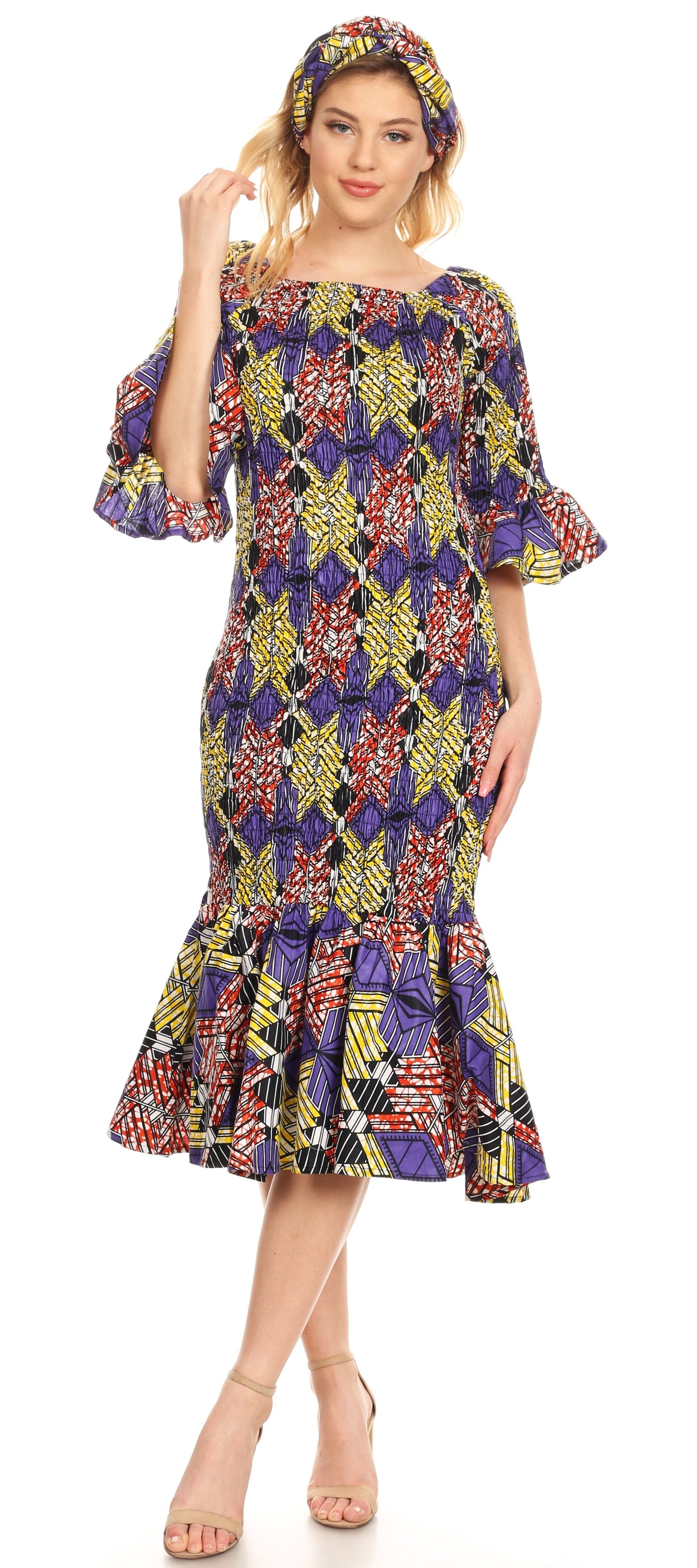 Sakkas Zarah Women's African Ankara Body-con Off shoulder Mermaid Pocket Dress - Concordia Style Boutique