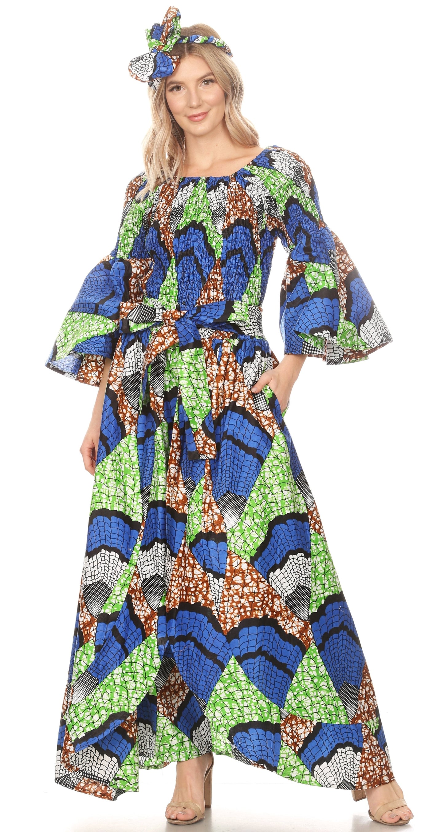 Sakkas Tesa Women's Off the Shoulder Top Pants Set African Ankara Print w/Pockets - Concordia Style Boutique