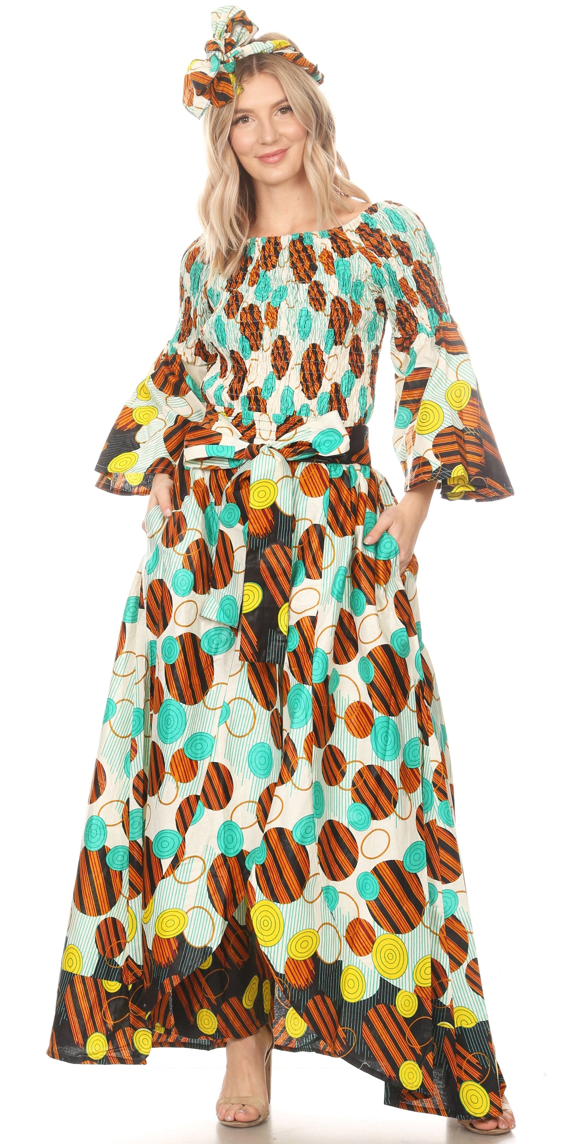 Sakkas Tesa Women's Off the Shoulder Top Pants Set African Ankara Print w/Pockets - Concordia Style Boutique