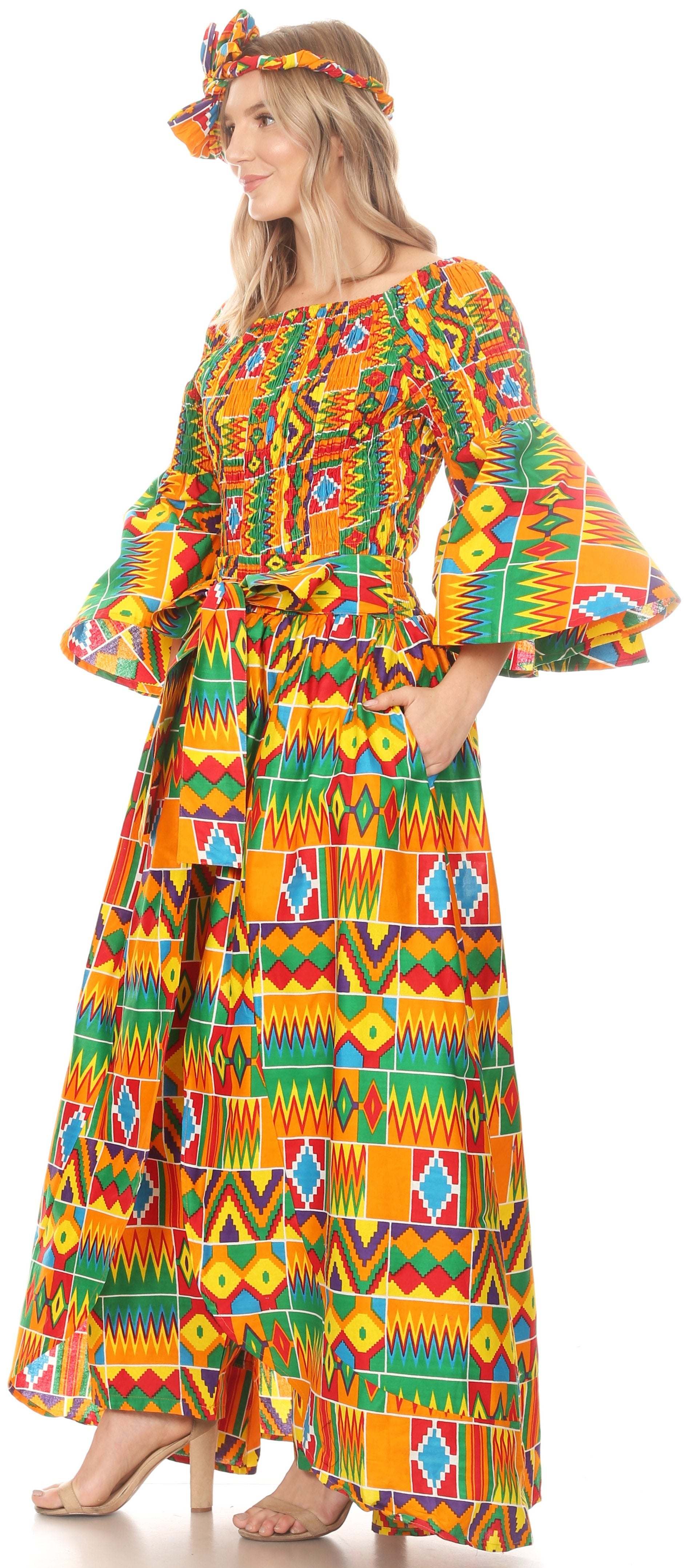 Sakkas Tesa Women's Off the Shoulder Top Pants Set African Ankara Print w/Pockets - Concordia Style Boutique