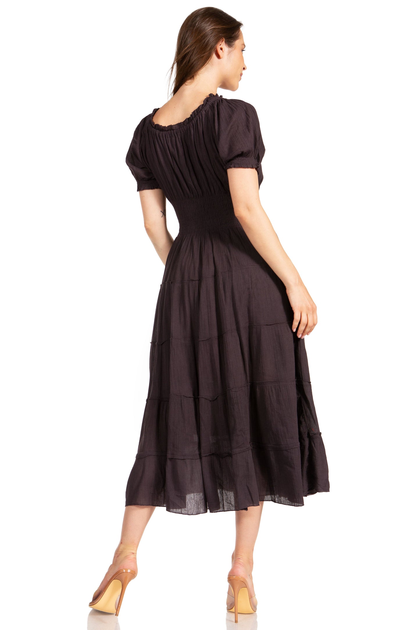 Sakkas Cotton Crepe Smocked Peasant Gypsy Boho Renaissance Mid Length Dress - Concordia Style Boutique