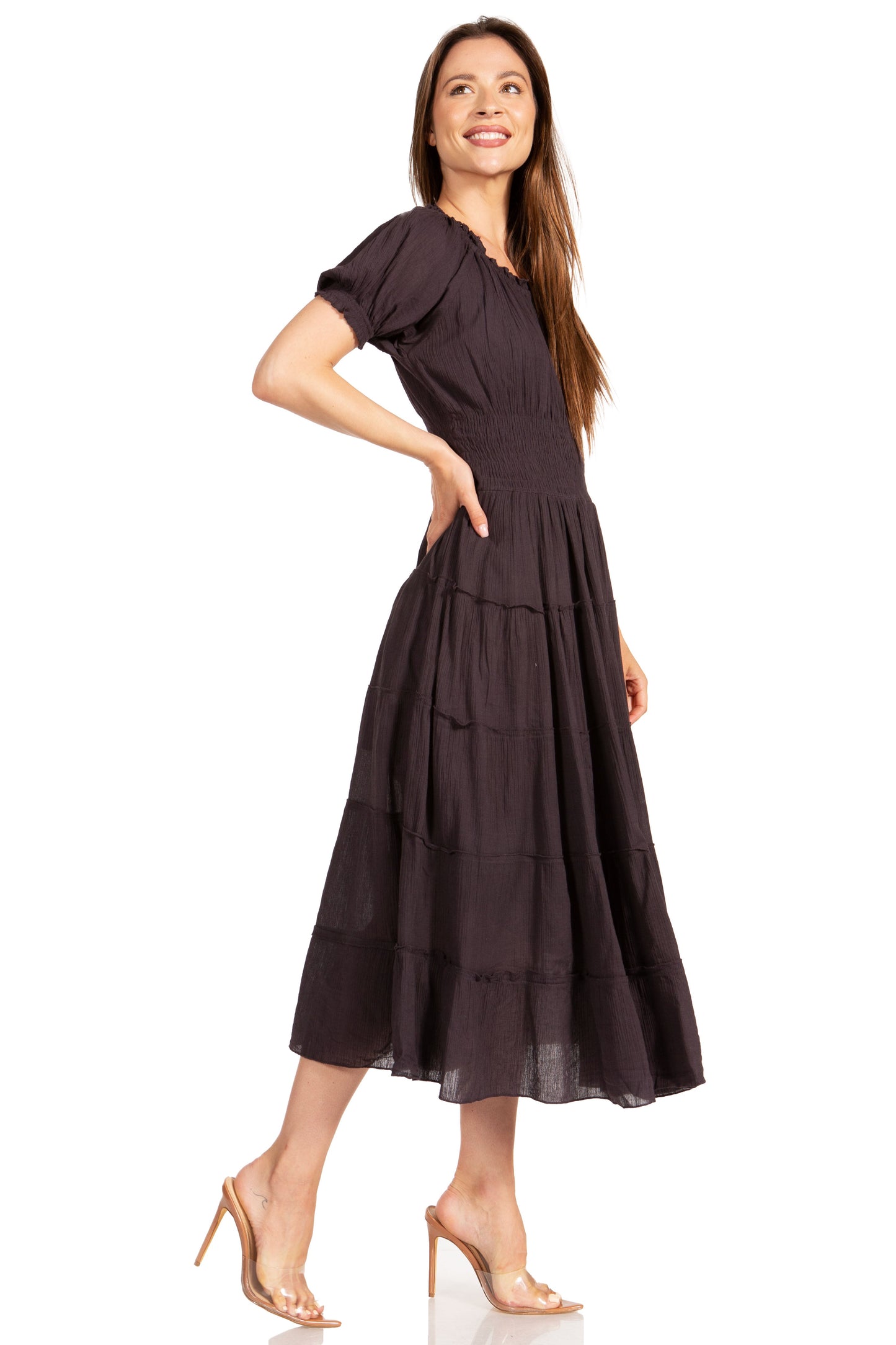Sakkas Cotton Crepe Smocked Peasant Gypsy Boho Renaissance Mid Length Dress - Concordia Style Boutique
