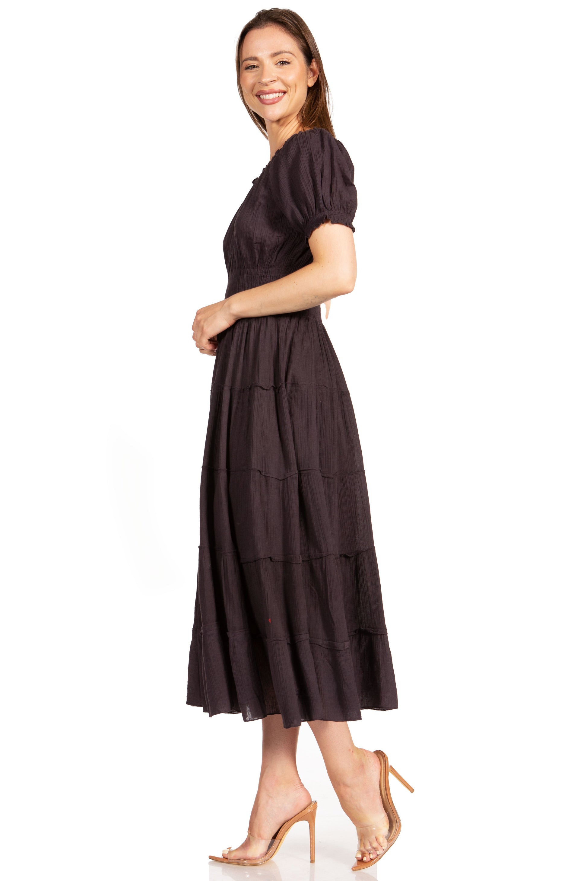 Sakkas Cotton Crepe Smocked Peasant Gypsy Boho Renaissance Mid Length Dress - Concordia Style Boutique