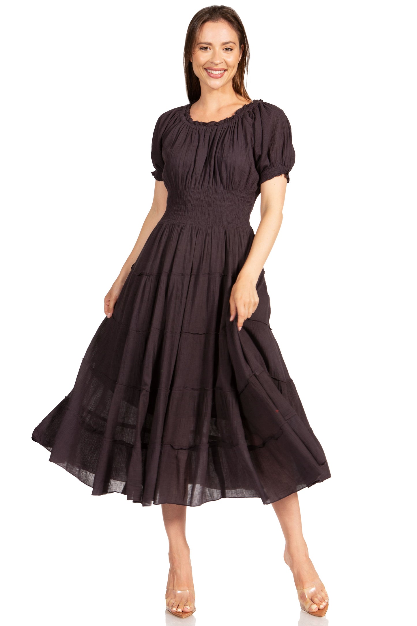 Sakkas Cotton Crepe Smocked Peasant Gypsy Boho Renaissance Mid Length Dress - Concordia Style Boutique