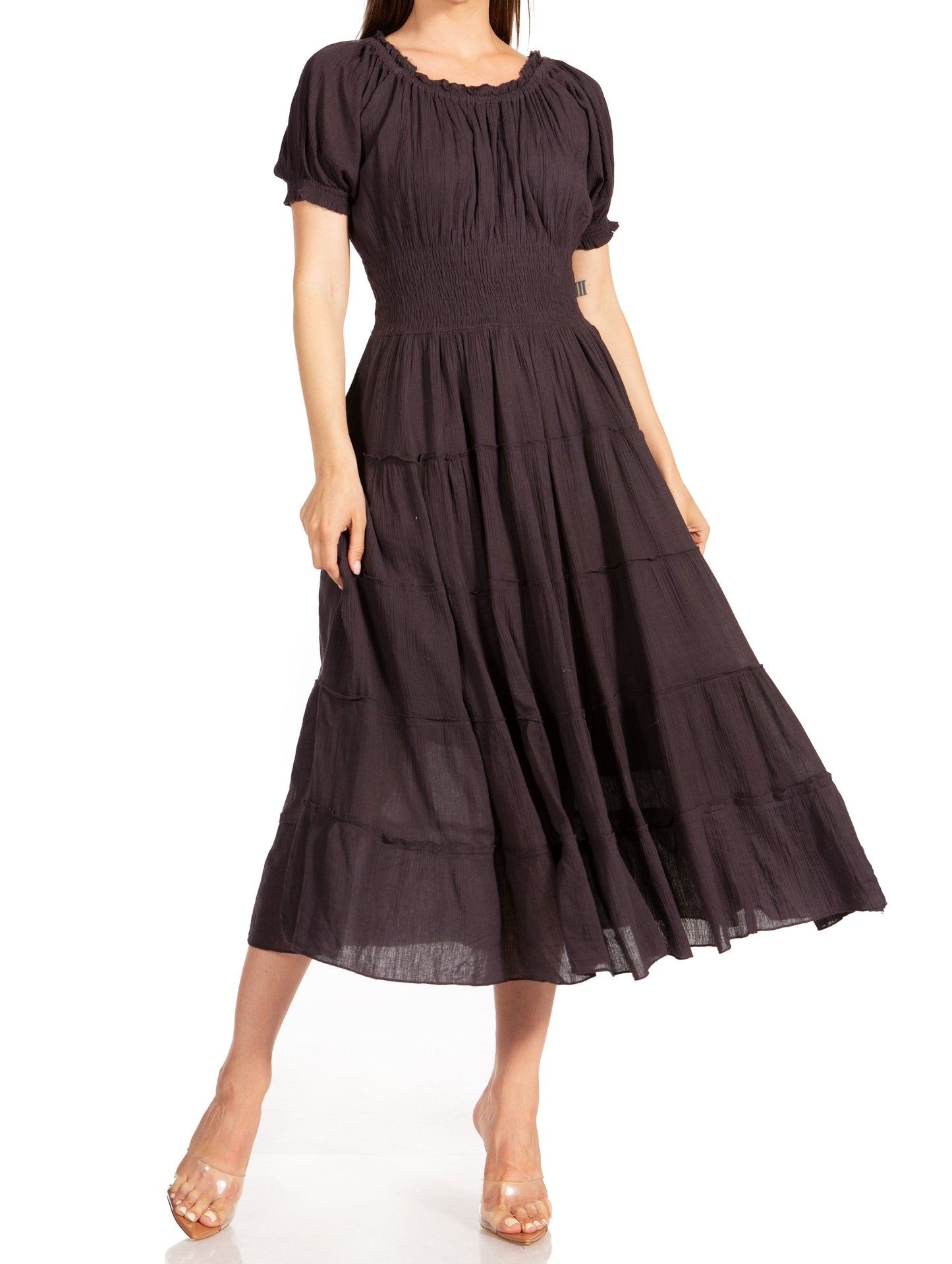 Sakkas Cotton Crepe Smocked Peasant Gypsy Boho Renaissance Mid Length Dress - Concordia Style Boutique