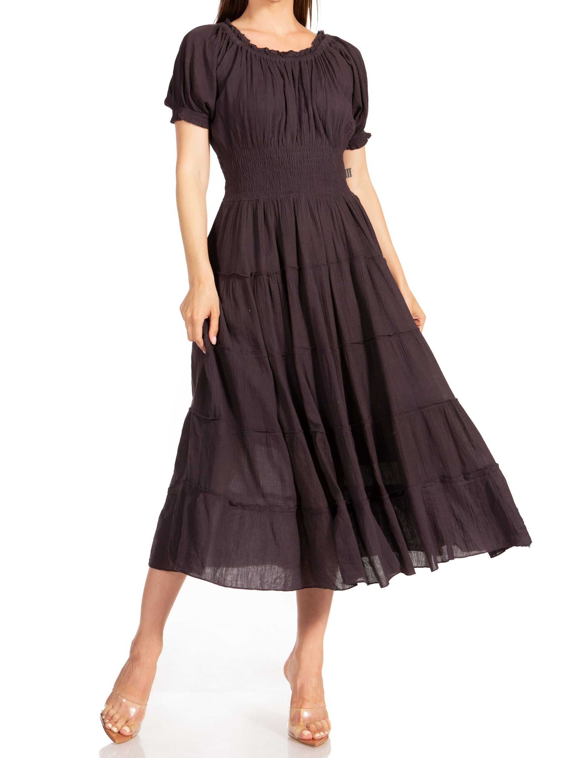 Sakkas Cotton Crepe Smocked Peasant Gypsy Boho Renaissance Mid Length Dress - Concordia Style Boutique